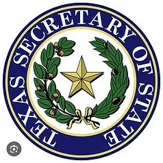 Seal of the Texas Secretary of State with a star, olive branch, and laurel wreath.