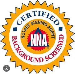 Seal with a sunburst design reading 'Certified Notary Signing Agent Background Screened' with the NNA logo in the center.