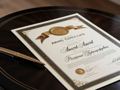 Award certificate with gold seal, ribbon graphic, and signatures, placed on a vinyl record with a pen beside it.