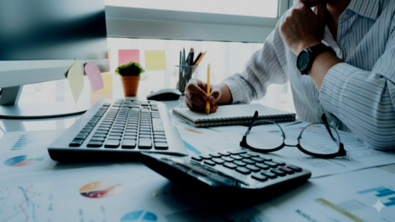 A cluttered office desk with a person in a striped shirt writing in a notepad, surrounded by a calculator, glasses, papers with charts, a keyboard, a small potted plant, a pen holder with pens,sticky notes, and a computer monitor.