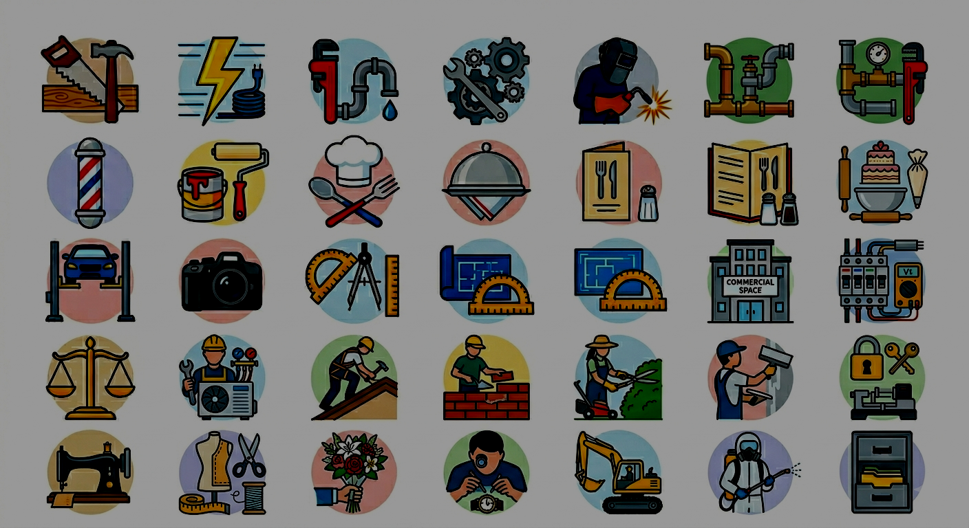A collection of icons representing various tools and services, including carpentry, electrical work, plumbing, cooking, photography, construction, security, and more.