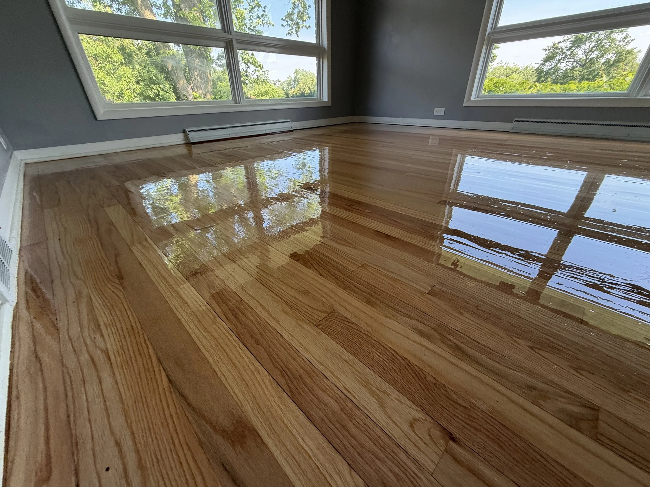 Refinished hardwood flooring with restored natural grain and a protective finish in a Sycamore home