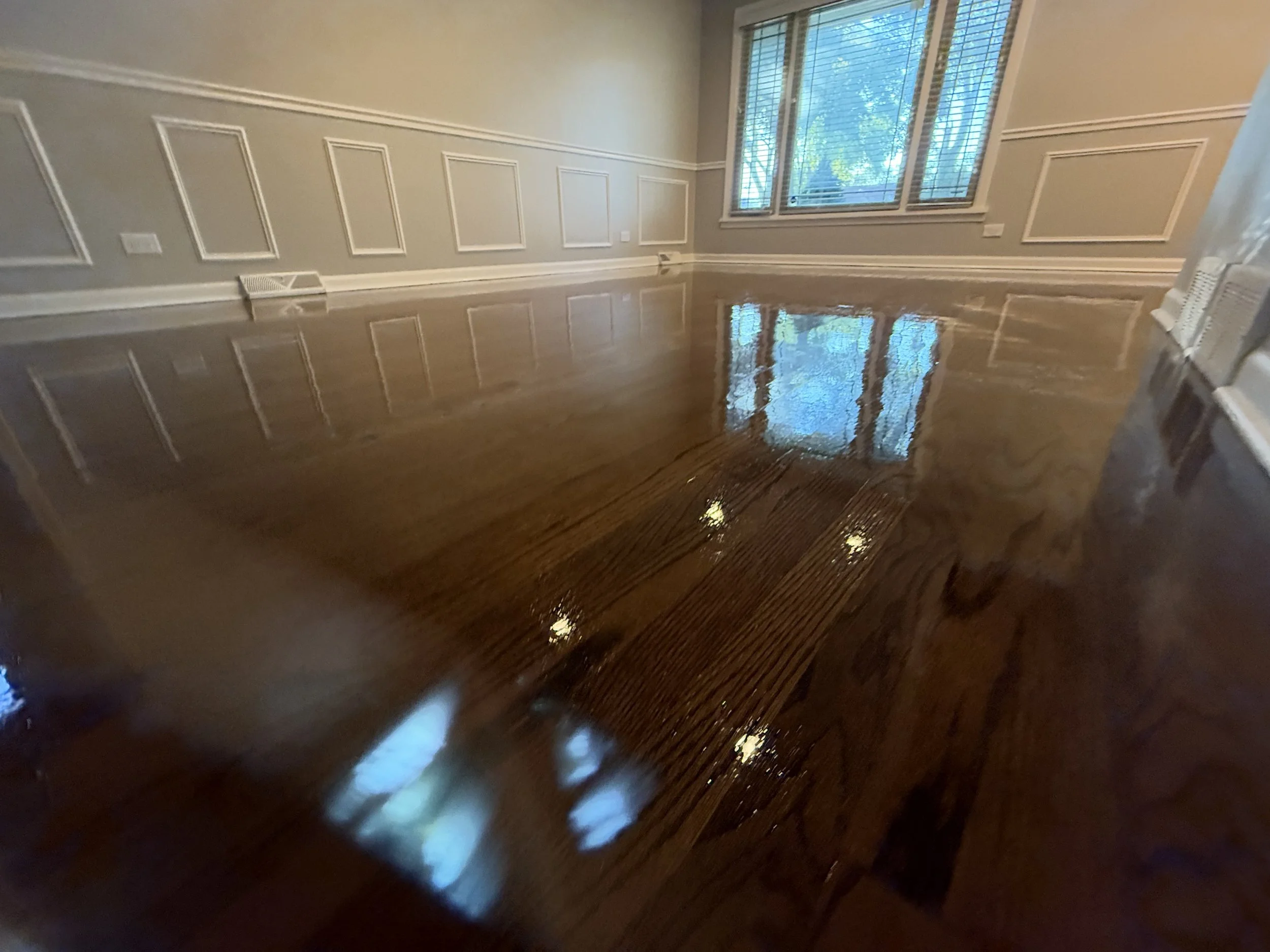 Refinished hardwood floor in a Rolling Meadows home with renewed color and a protective finish