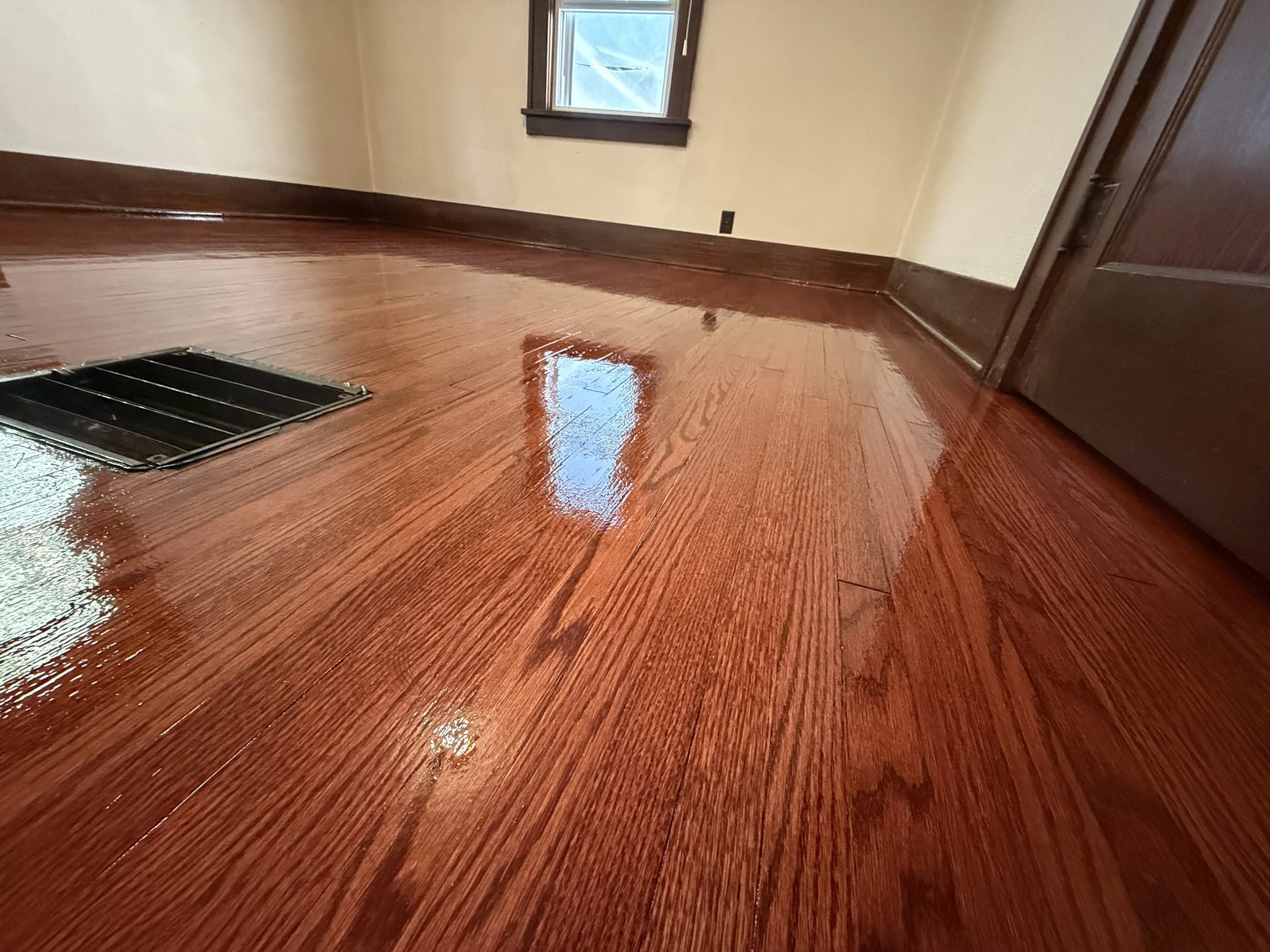 Glossy refinished hardwood floor with visible wood grain