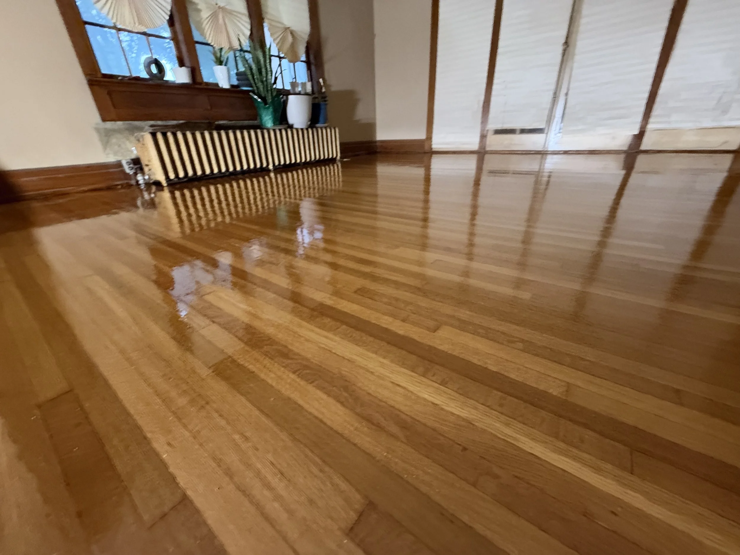 Refinished hardwood floor with restored color and protective finish in an East Dundee home
