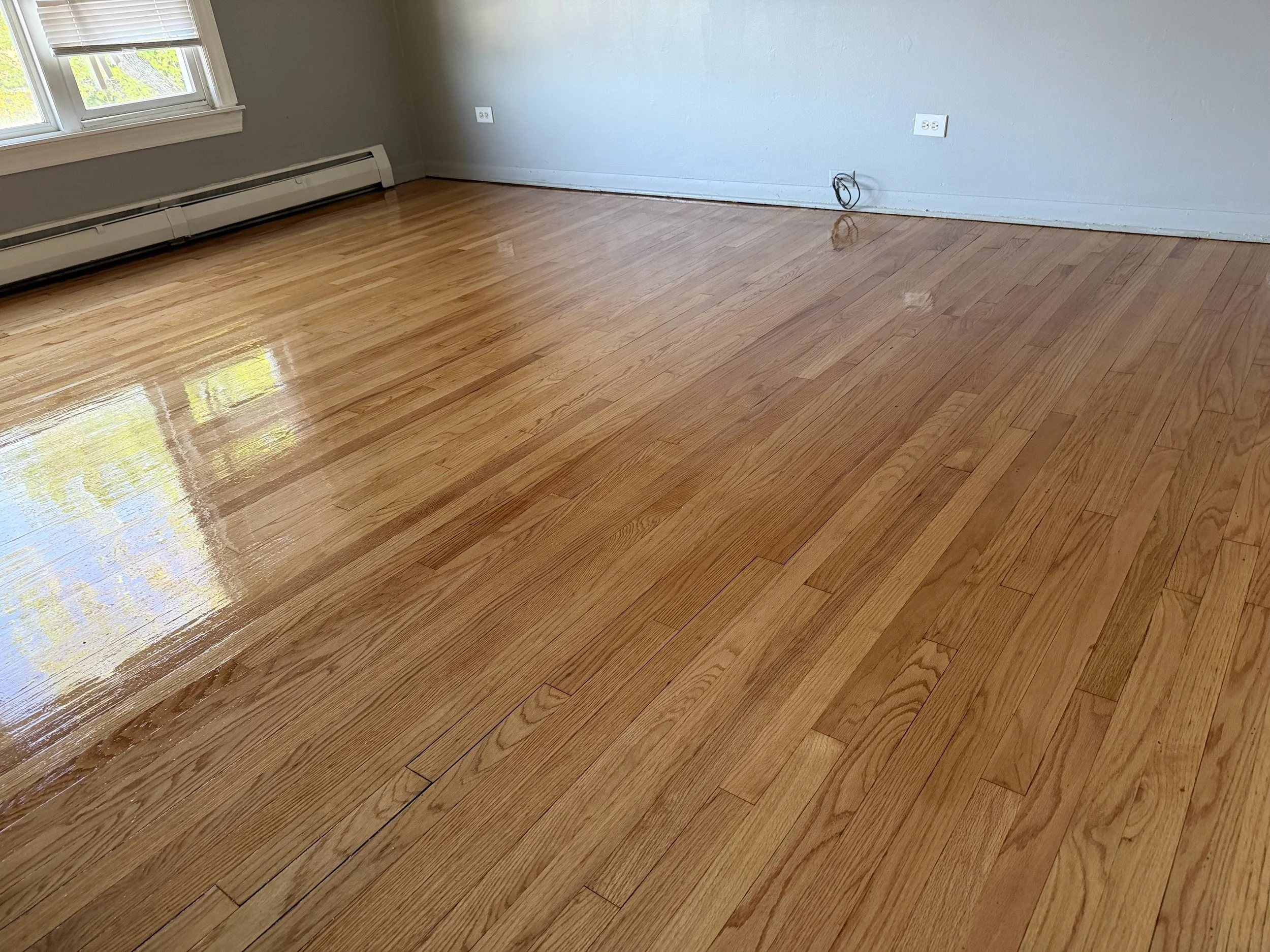 Hardwood floor refinished with renewed natural wood color and durable protective finish in an Indian Head Park home