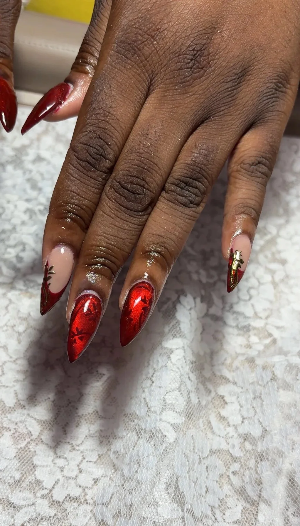 Acrylic Set - Red Cat Eye + Gold Accent