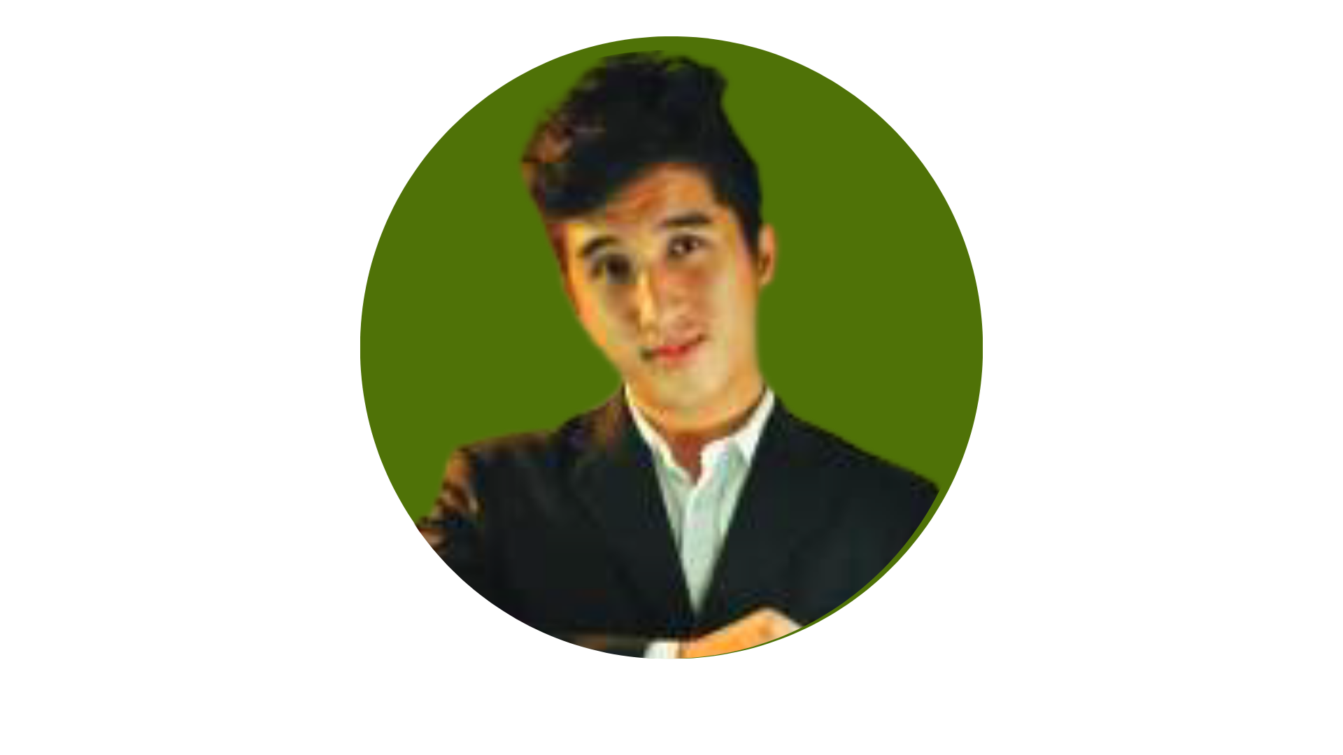 Portrait of a young man in a black suit and white shirt, smiling and looking at the camera, with a green circular background.