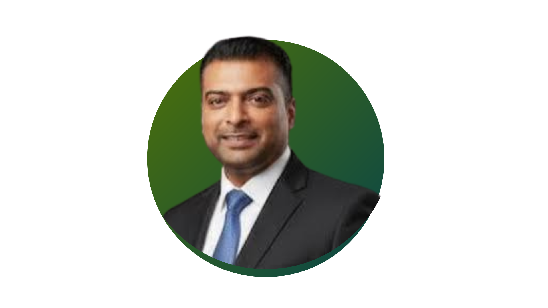Professional headshot of a man in a suit with a blue tie, set against a green background.