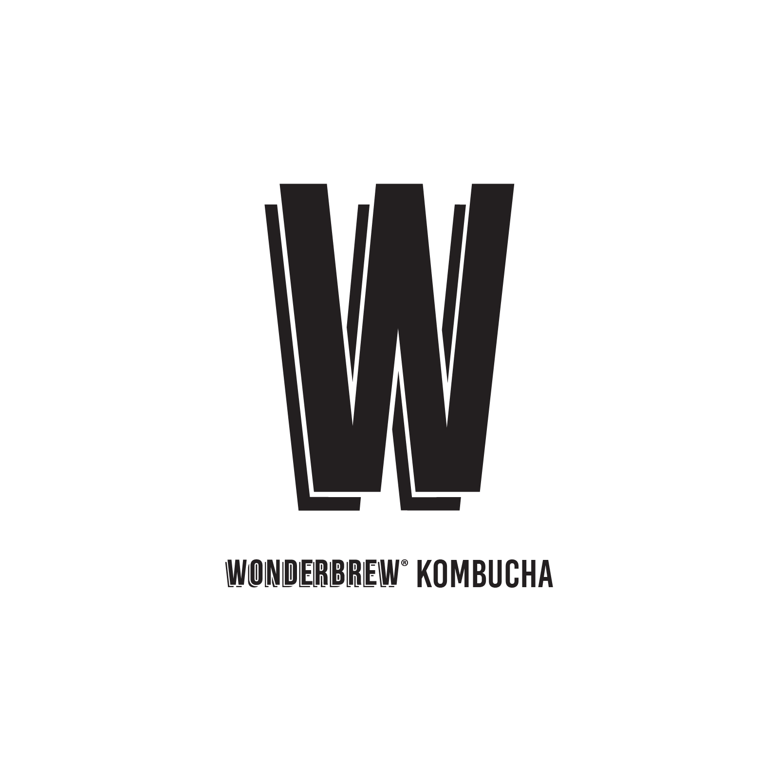 Black background with a large stylized letter W in the center, and below it the words "WonderBrew™ Kombucha."