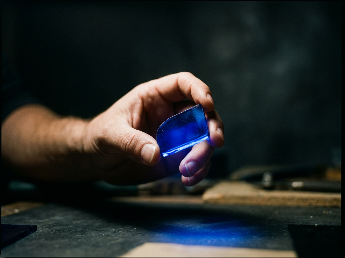 Person holding a small, curved piece of blue glass or acrylic, illuminated with blue light, over a workbench in a workshop.