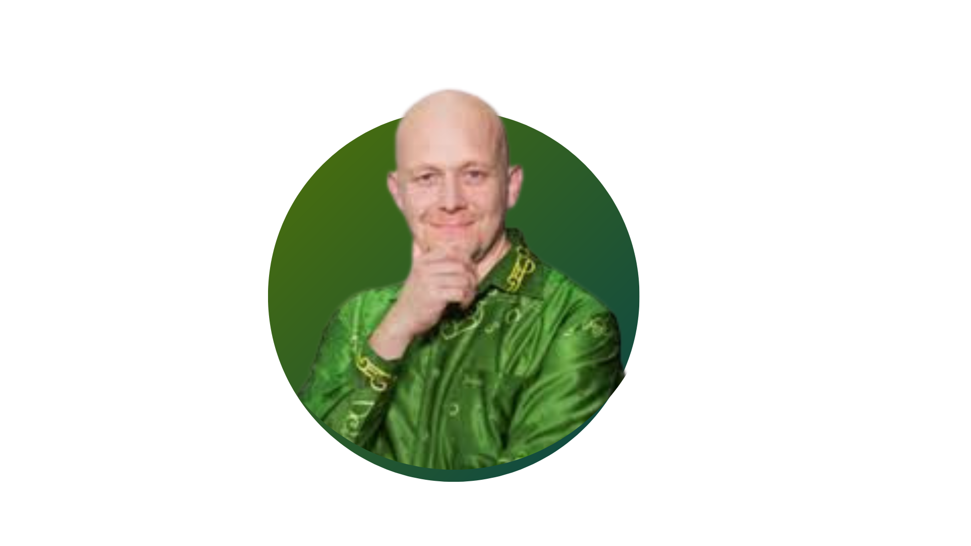 A bald man with glasses wearing a green patterned shirt, touching his chin thoughtfully, standing against a green gradient background.