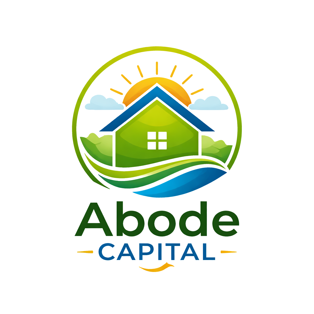 A logo for Abode Capital featuring a house, a sun, clouds, and a river, with the words "Abode Capital" below.
