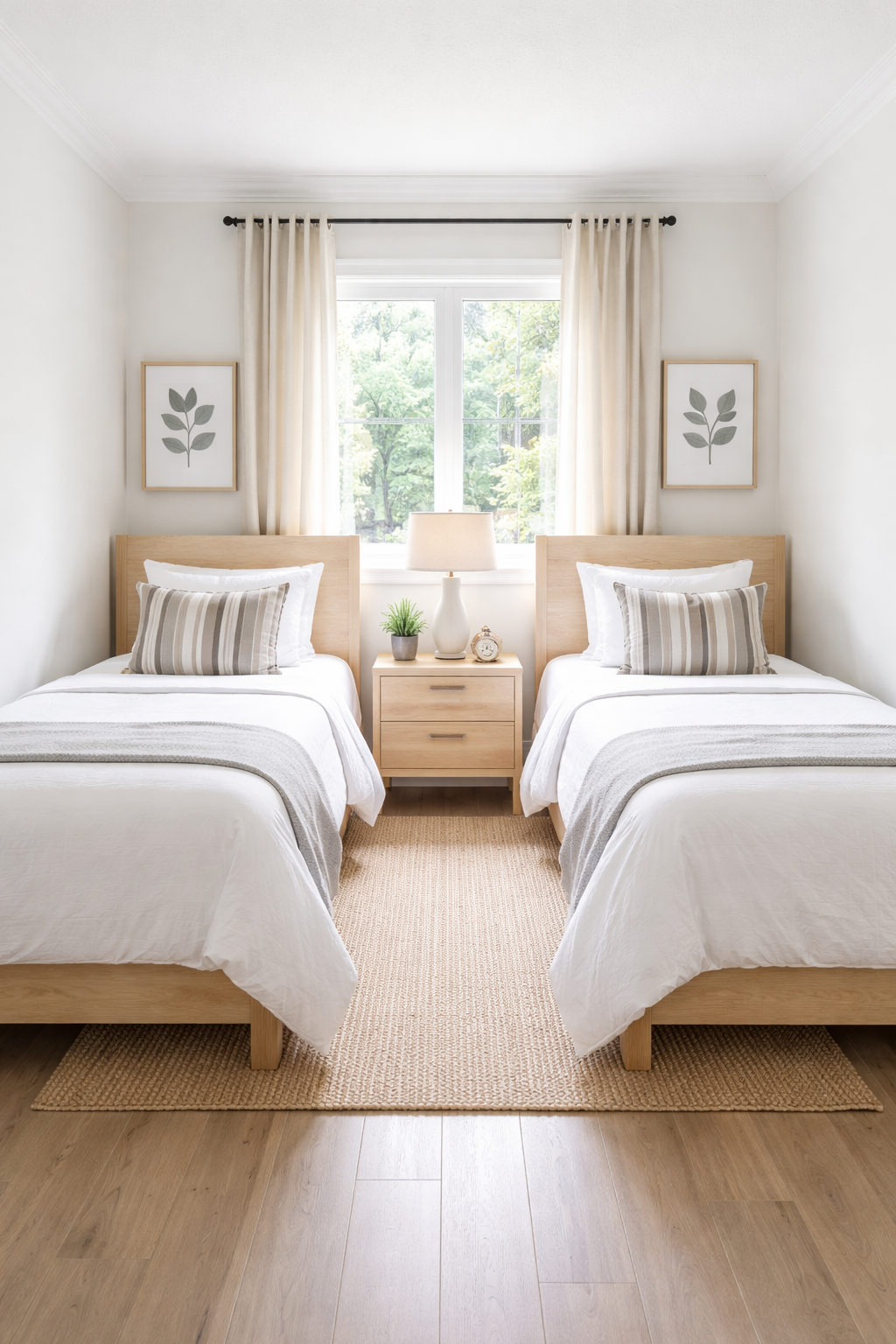 A bedroom with two twin beds with white bedding and striped pillows, a wooden nightstand with a lamp, small clock, and potted plant, and framed botanical prints on the wall, with a window showing green trees outside.