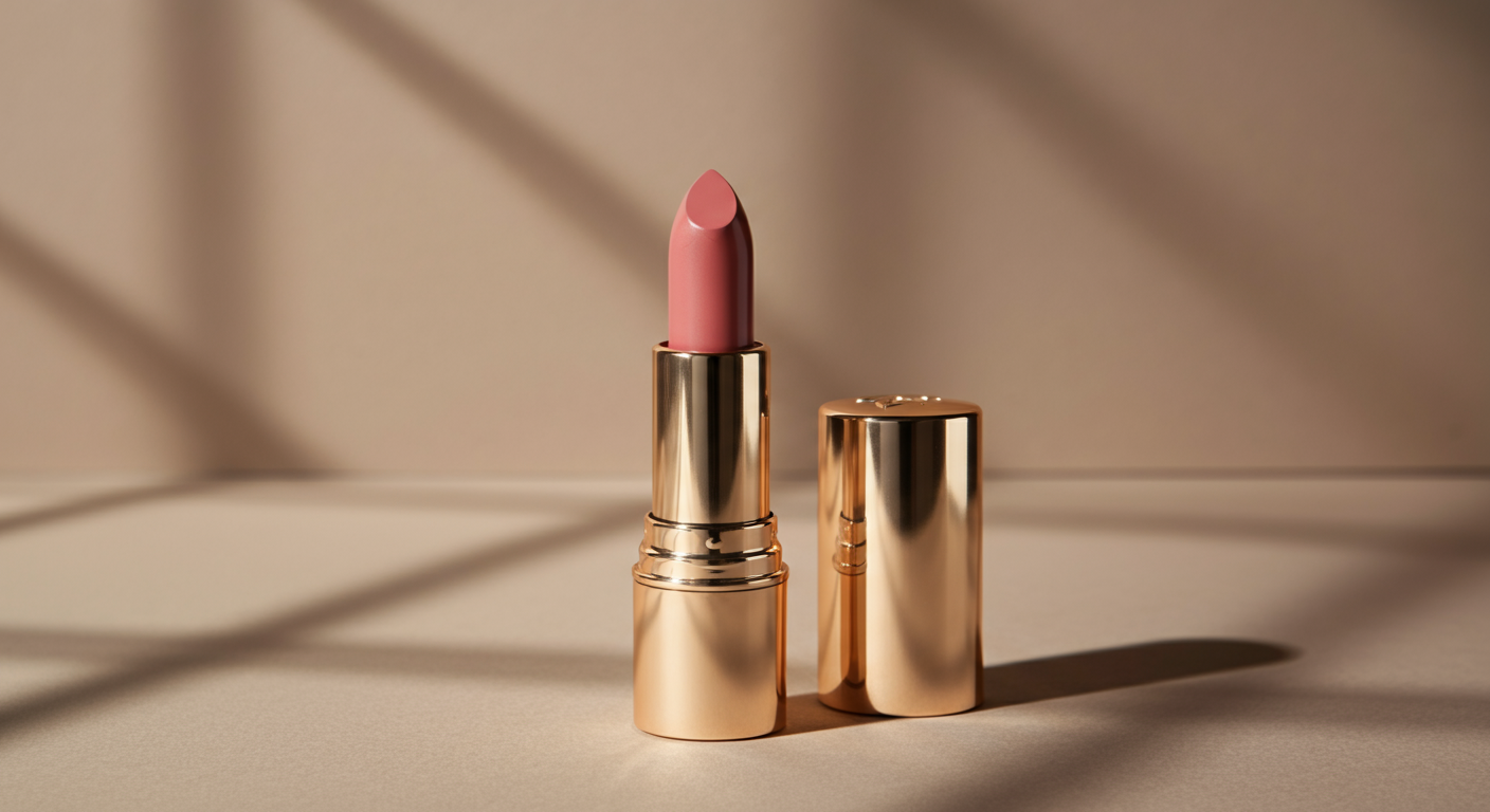 A pink lipstick in a shiny gold tube with its cap placed beside it on a beige surface, casting shadows in front.