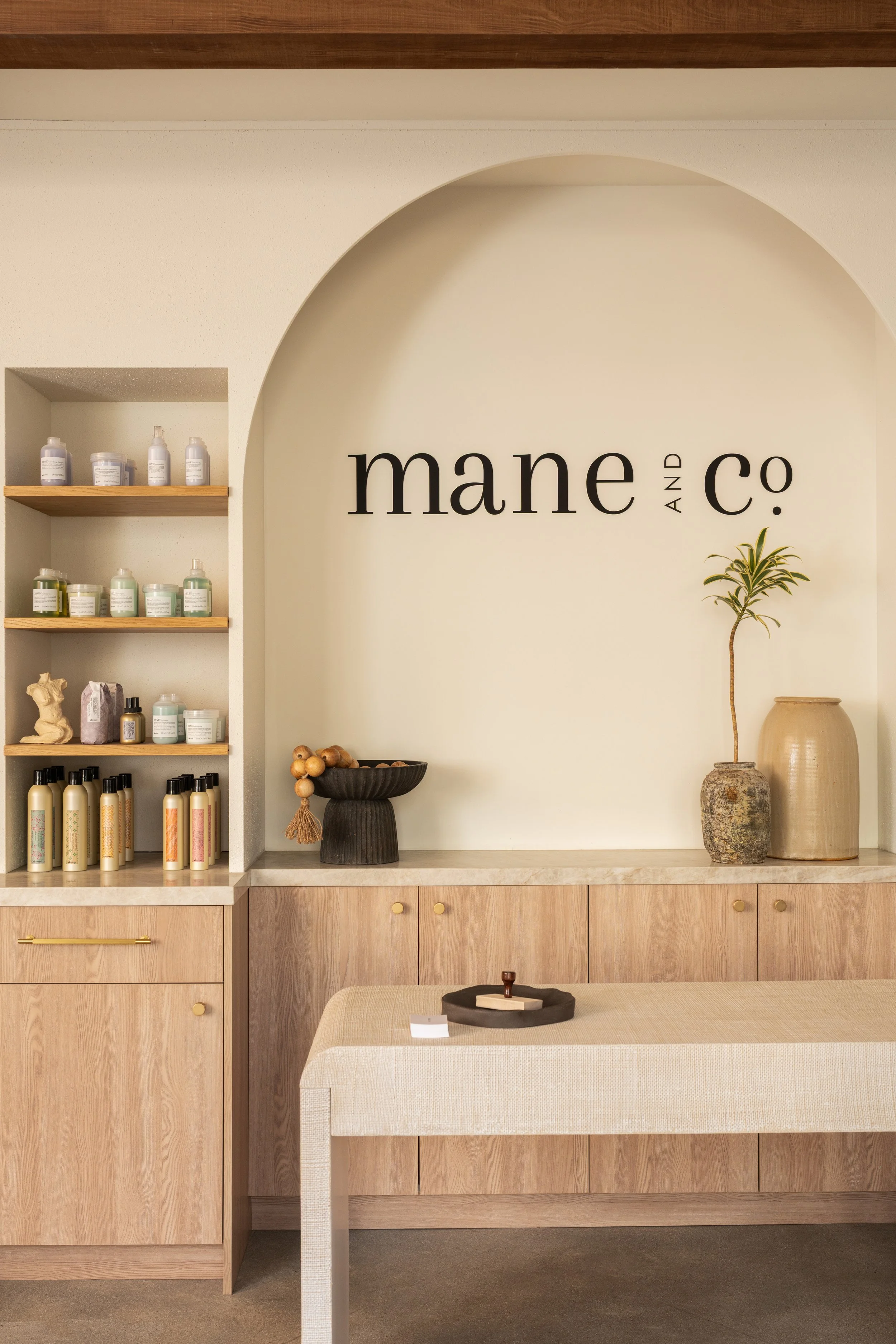 Interior of a store named Mane & Co., with shelves displaying various beauty products, a decorative plant in a large vase, and a table with a small decorative display on it.