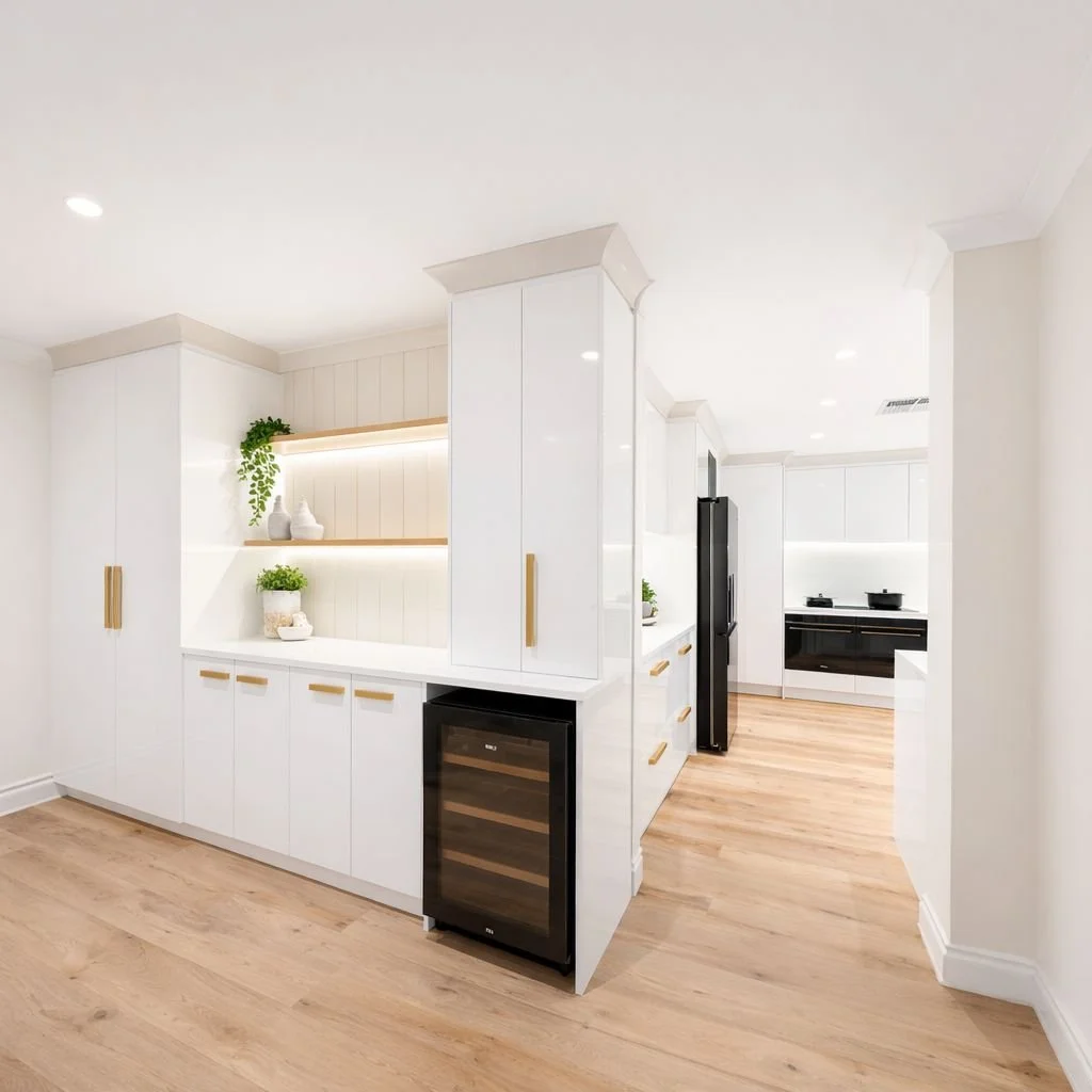 Bright, modern kitchen with white cabinets, light wood flooring, and built-in shelving with decorative items and plants
