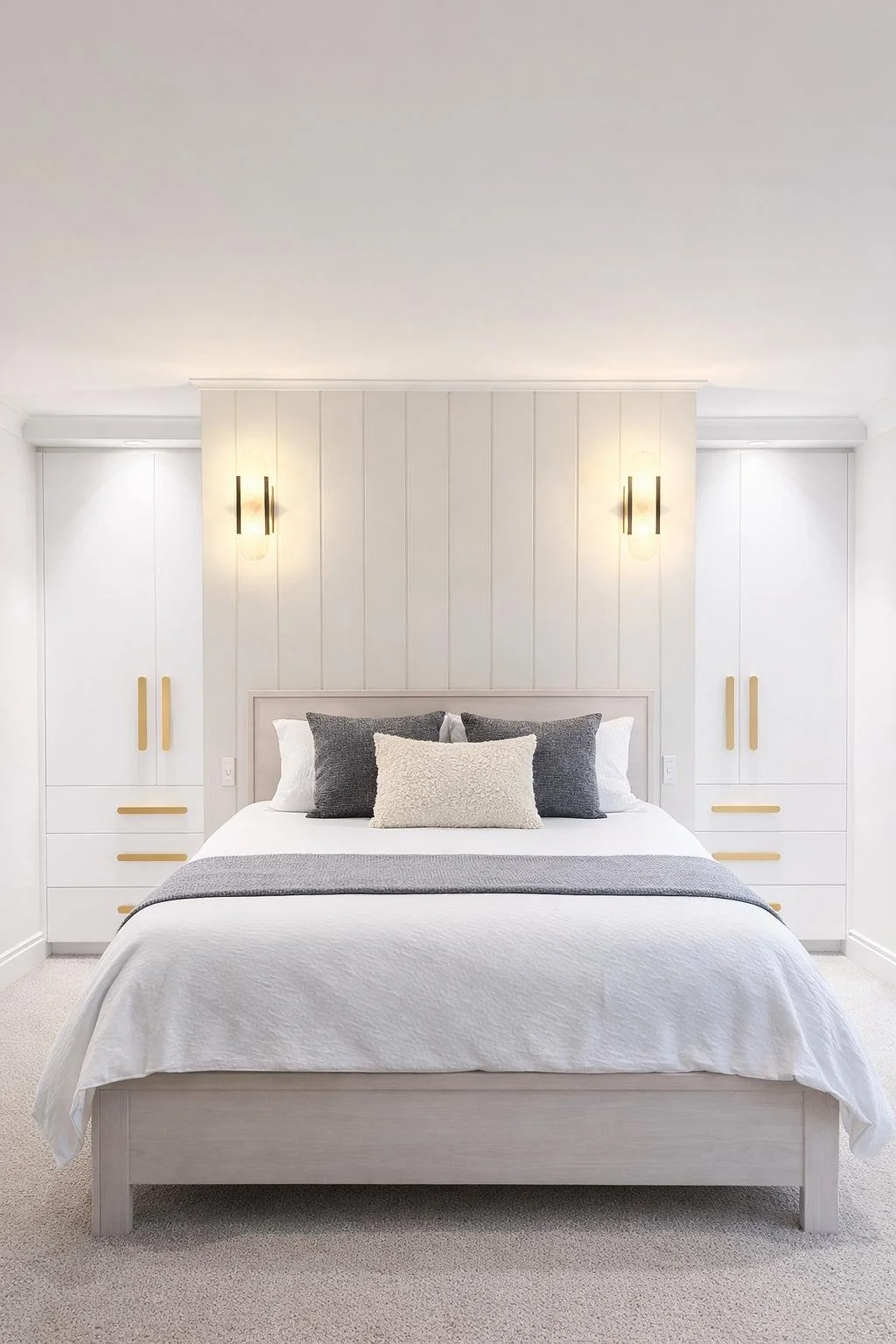 A modern bedroom with a white bed, gray and white pillows, and built-in white cabinets with gold handles on each side, illuminated by wall-mounted lights.