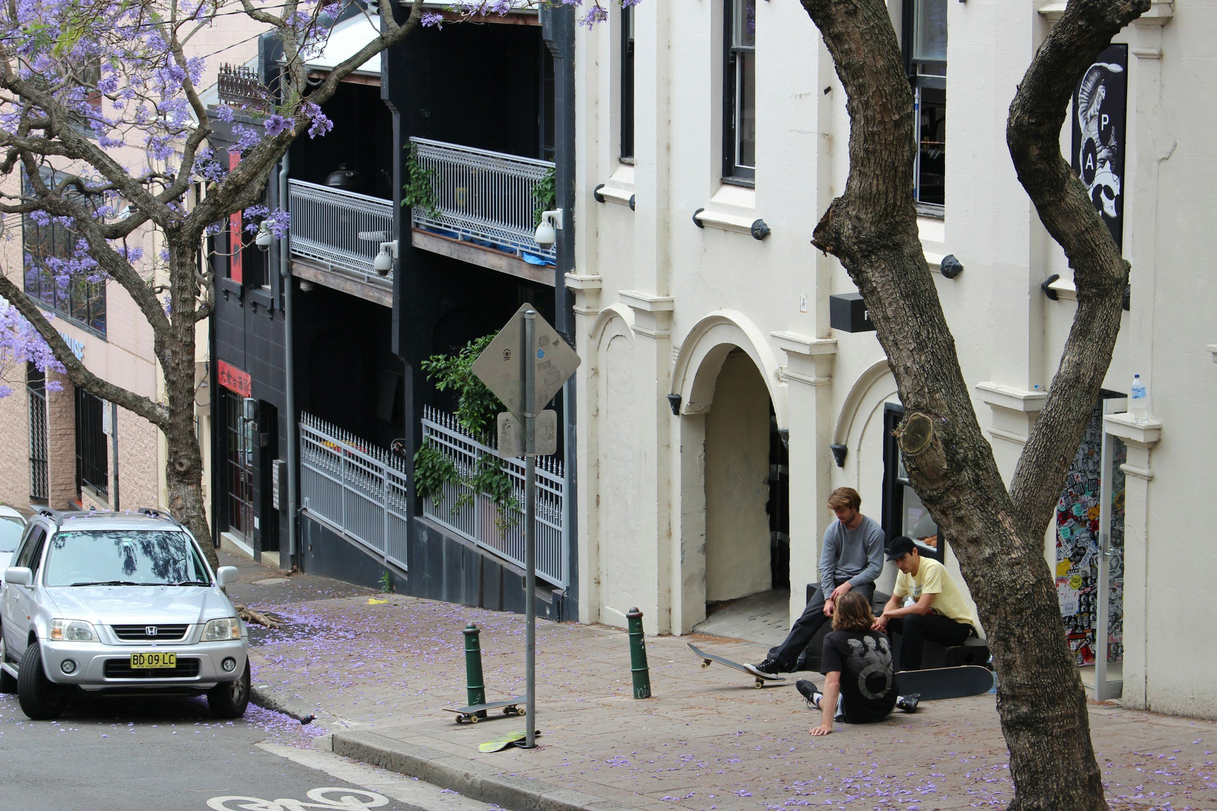Street scene with a parked silver Honda car, a white building with black trim, purple flowering trees, and a group of young skateboarders sitting on the sidewalk.