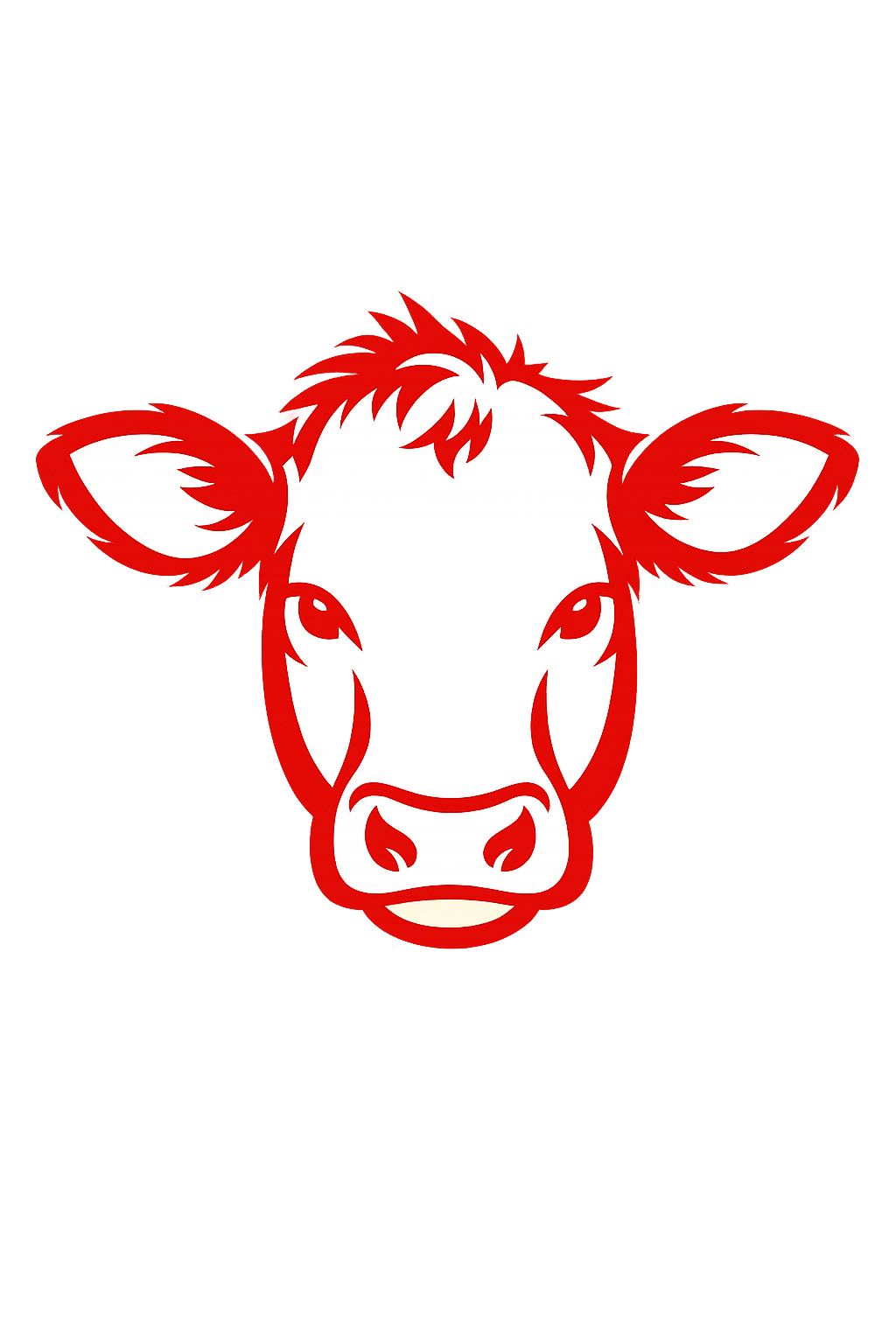 Stylized red and white cow's head logo on a black background.