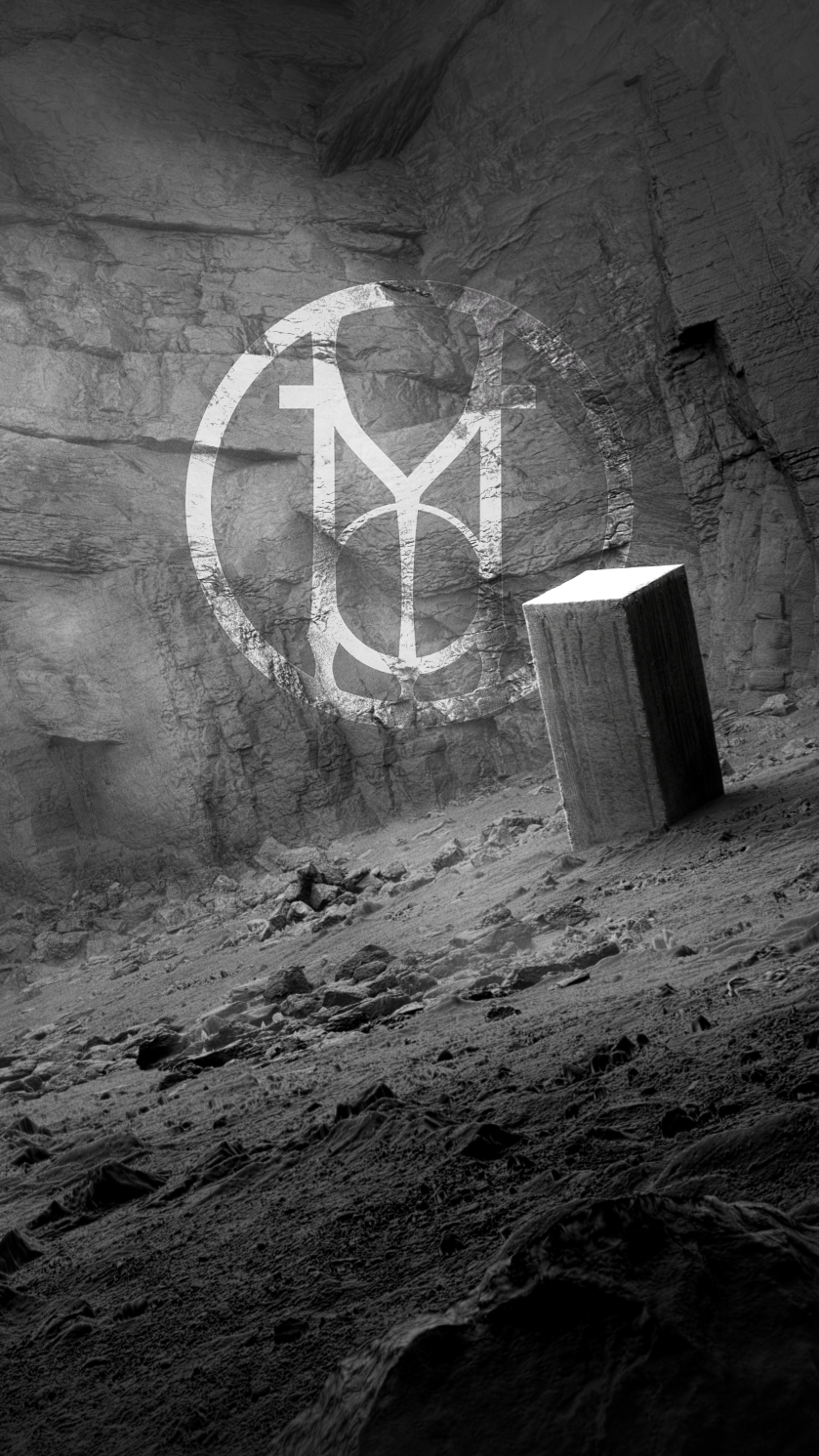 A black and white photo of a dusty, rocky interior with a large rectangular stone block leaning against a rough, textured rock wall. A digital, semi-transparent geometric symbol overlays the image in the center.