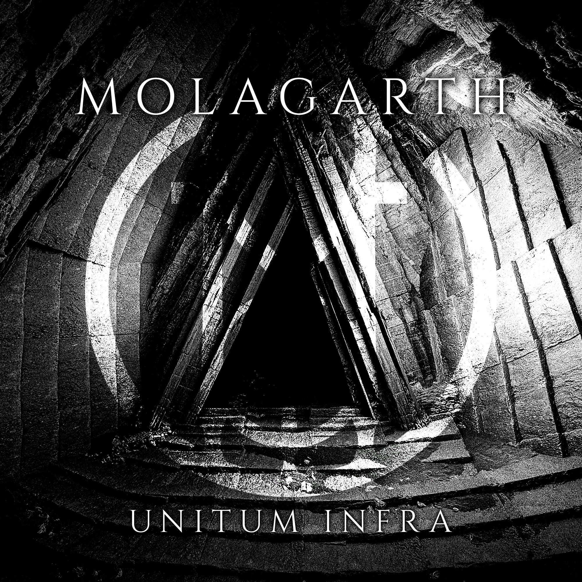 Black and white abstract image of a triangular structure with concentric arches and textured stone walls, with the words 'MOLAGARTH' at the top and 'UNITUM INFRA' at the bottom.