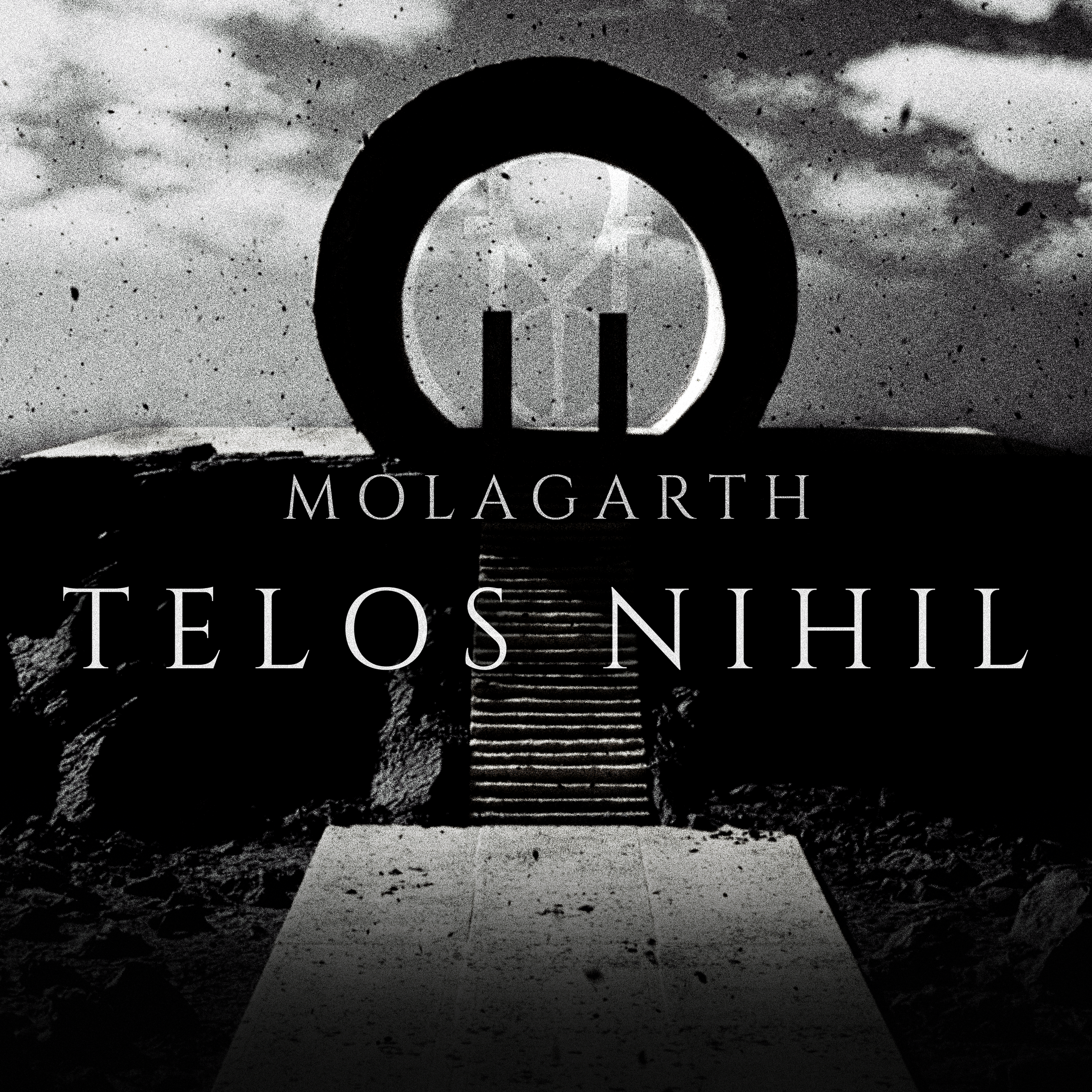 Black and white cover of a book titled 'Telos Nihl' by Molagarth, featuring a staircase leading to a circular structure with symbols, set against a cloudy sky.