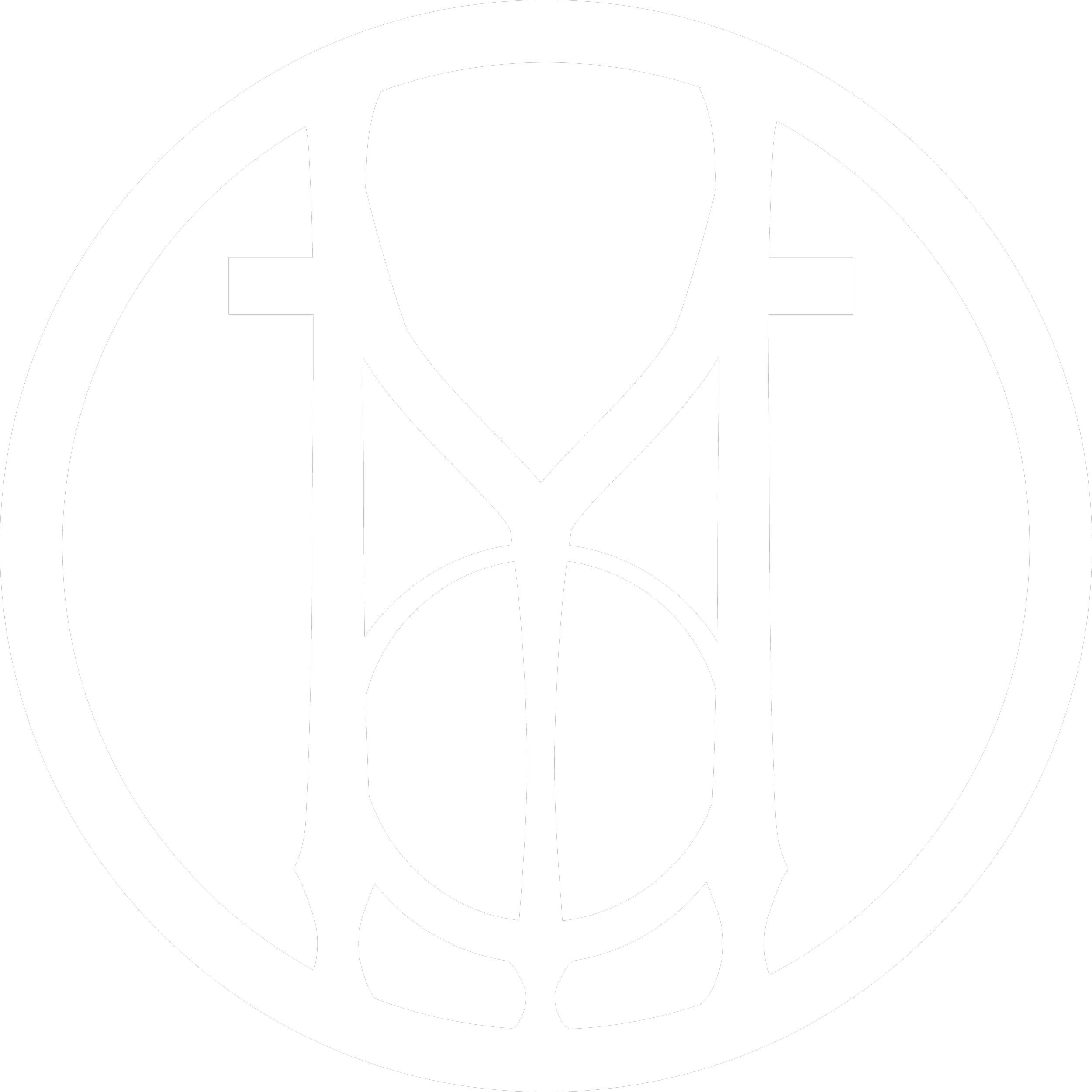 Symmetrical monochrome emblem for MOLAGARTH. A stylized letter M constructed from three vertical pillars and intersecting parabolic curves, forming an abstract hourglass silhouette within a circular frame.