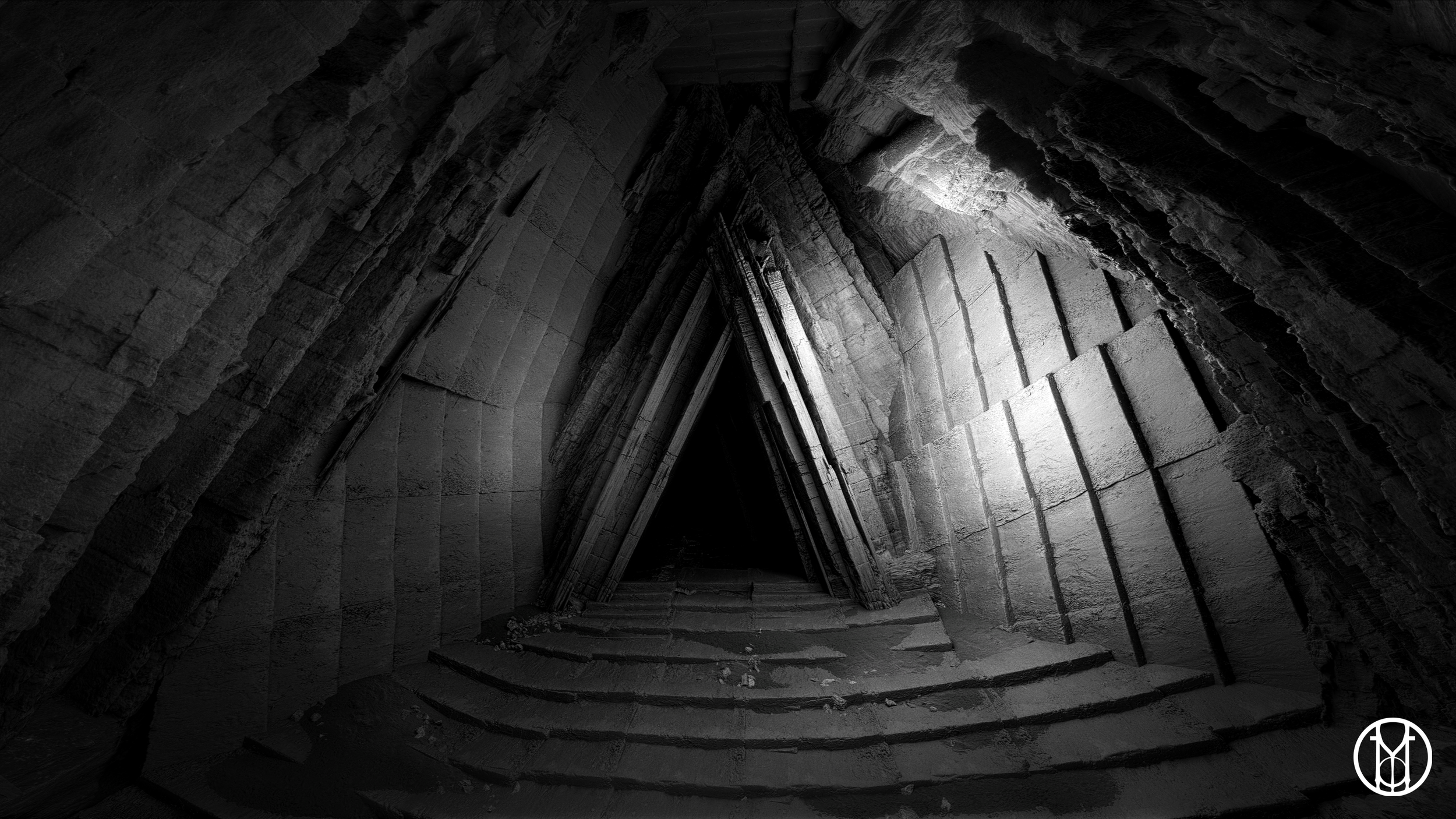 Dark, abandoned underground tunnel with steps leading to an archway, illuminated by a soft light from above, with rough stone walls.