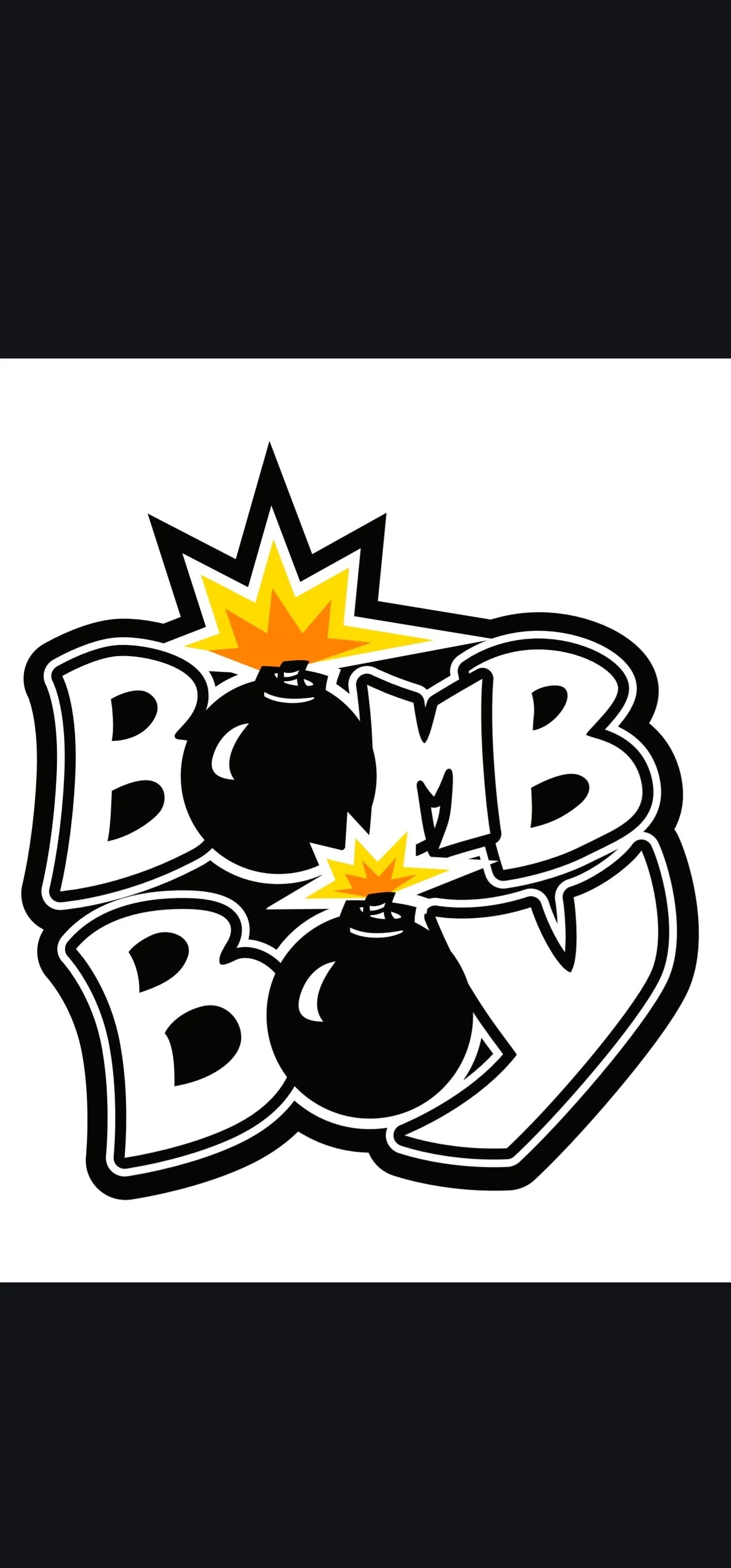 Graphic with the words 'BOMB BOY' and illustrations of two black bombs with lit fuses and explosion effects.