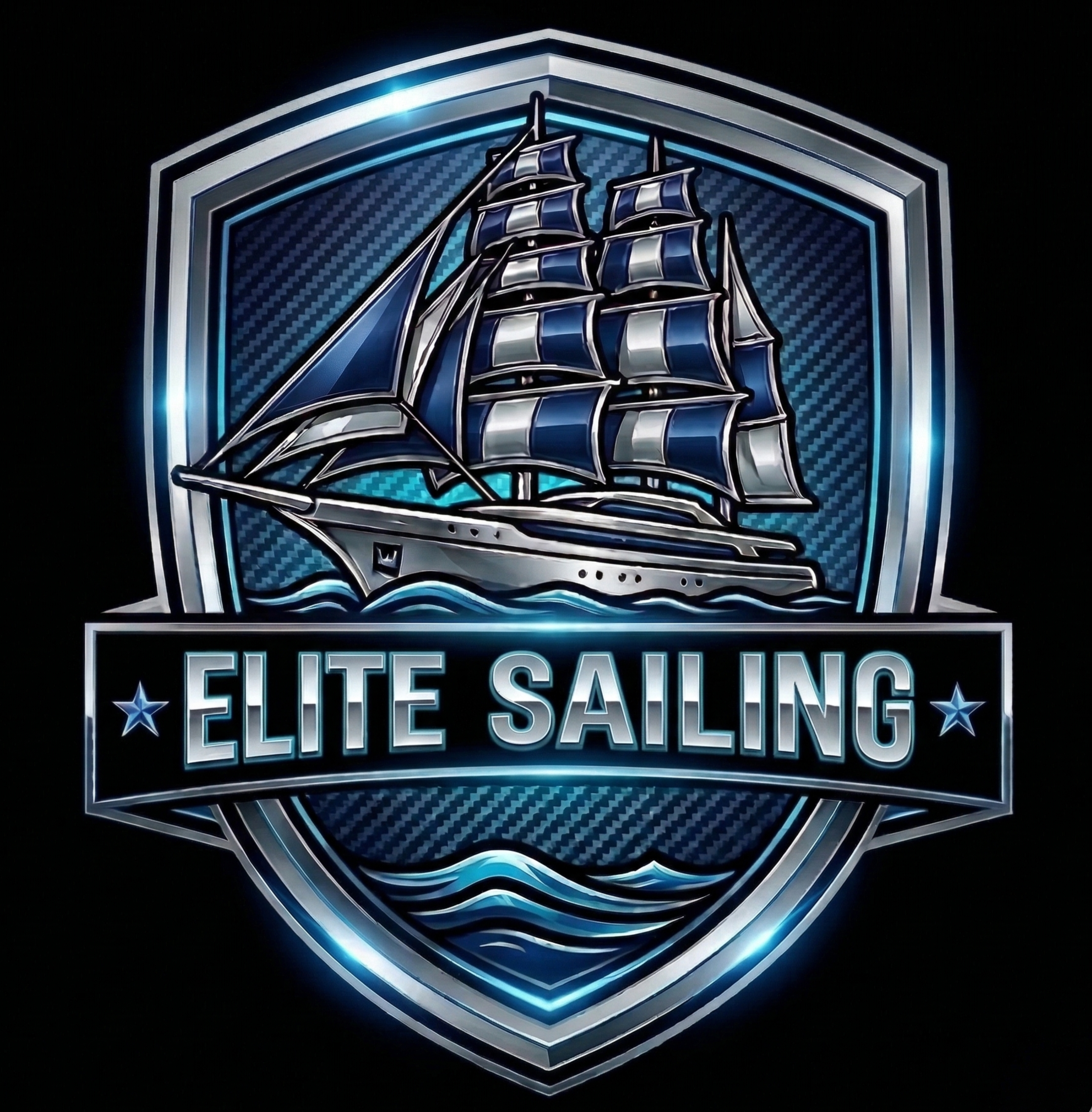 Elite Sailing logo, luxury two-masted yacht illustration, cyan-blue neon lighting, metallic silver shield, electric blue accents, sailboat silhouette, premium nautical gear, high-contrast maritime emblem, carbon fiber style background.