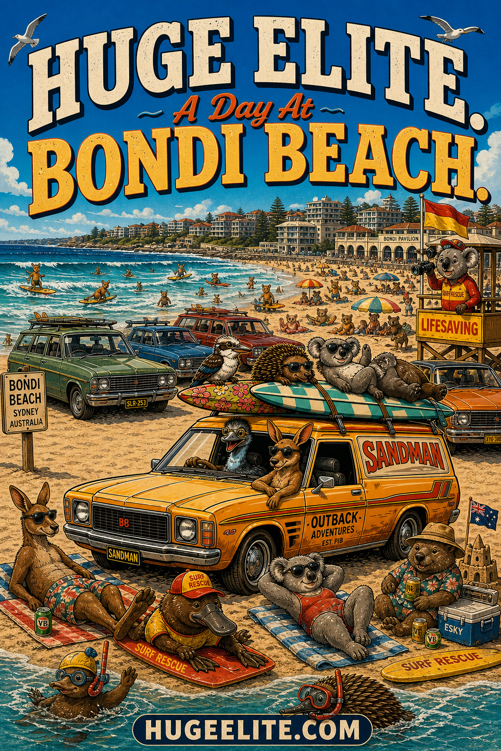 huge elite bondi beach banner, comic aussie animals at beach, sandman panel van on sand, kangaroo sunbathing with sunglasses, koala lifeguard tower, platypus surf rescue, wombat with esky, huge elite global lifestyle, premium sydney beach streetwear