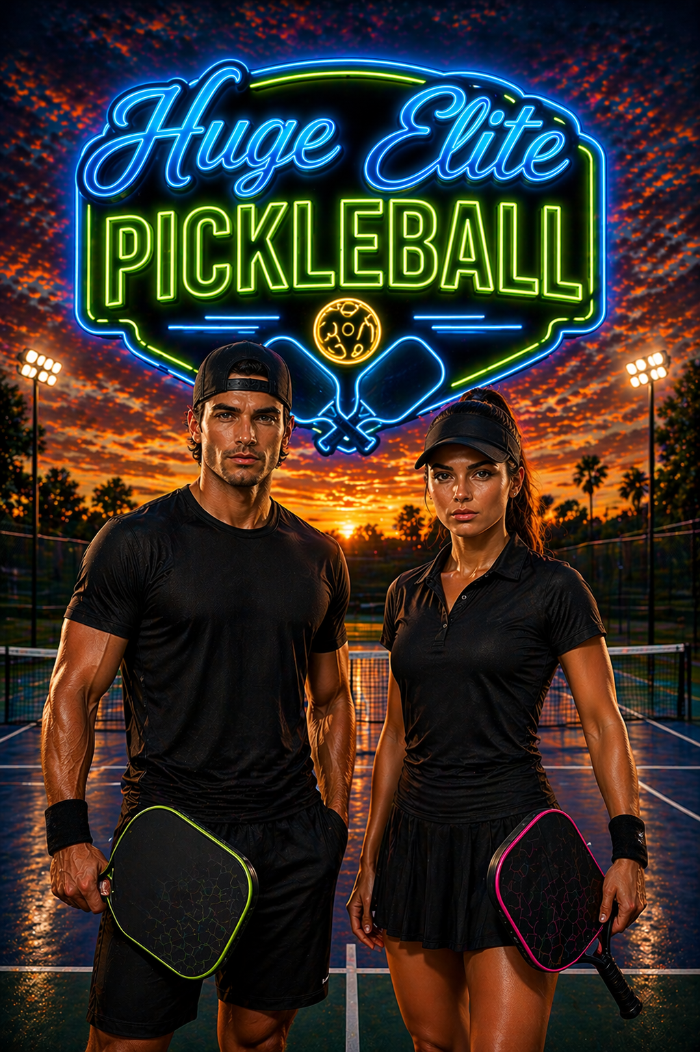 HUGE ELITE PICKLEBALL players male and female in black athletic gear on pickleball court at sunset, neon HUGE ELITE PICKLEBALL sign, park skyline, athletic male and female holding paddles, glowing blue and lime green neon logo