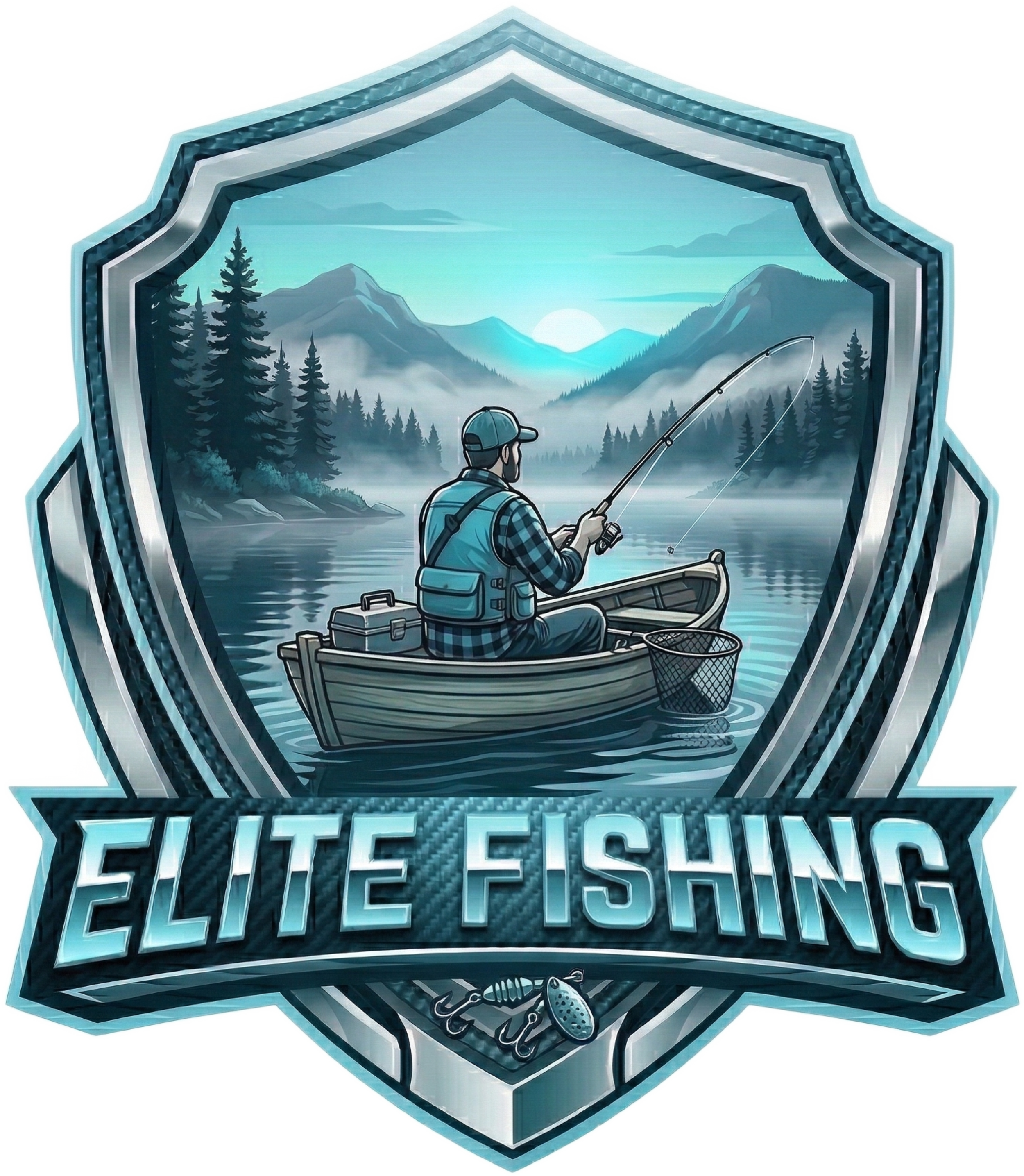 Elite Fishing metallic shield logo, silver high-definition border, fisherman in boat with mountain scenery, glowing cyan-blue sun, neon cyan and silver metallic text, sharp high-contrast edges on solid black.