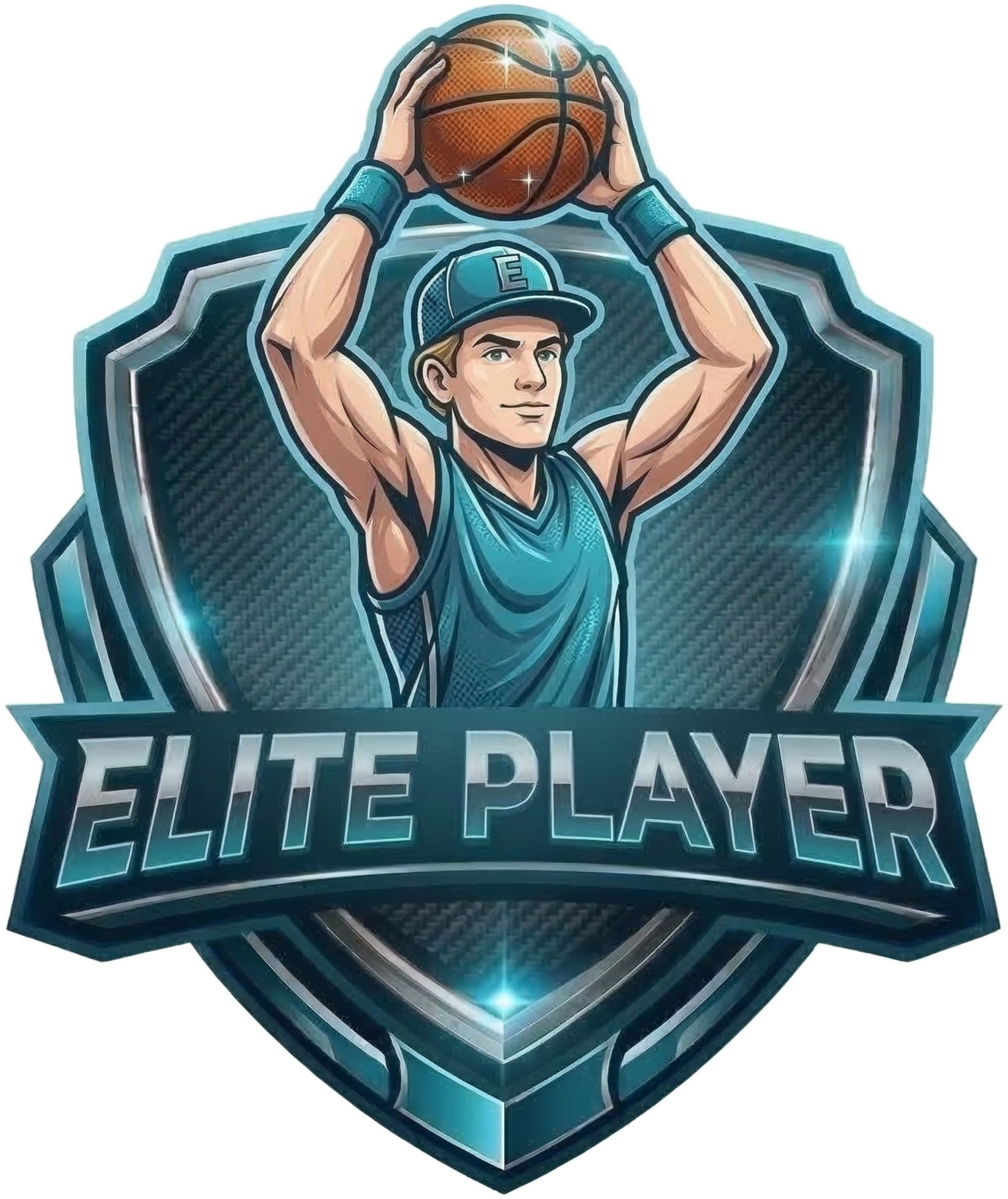 ELITE PLAYER PREMIUM BLACK CREWNECK SWEATSHIRT, CYAN AND SILVER NEON LOGO, METALLIC SHIELD, ATHLETIC FIT.