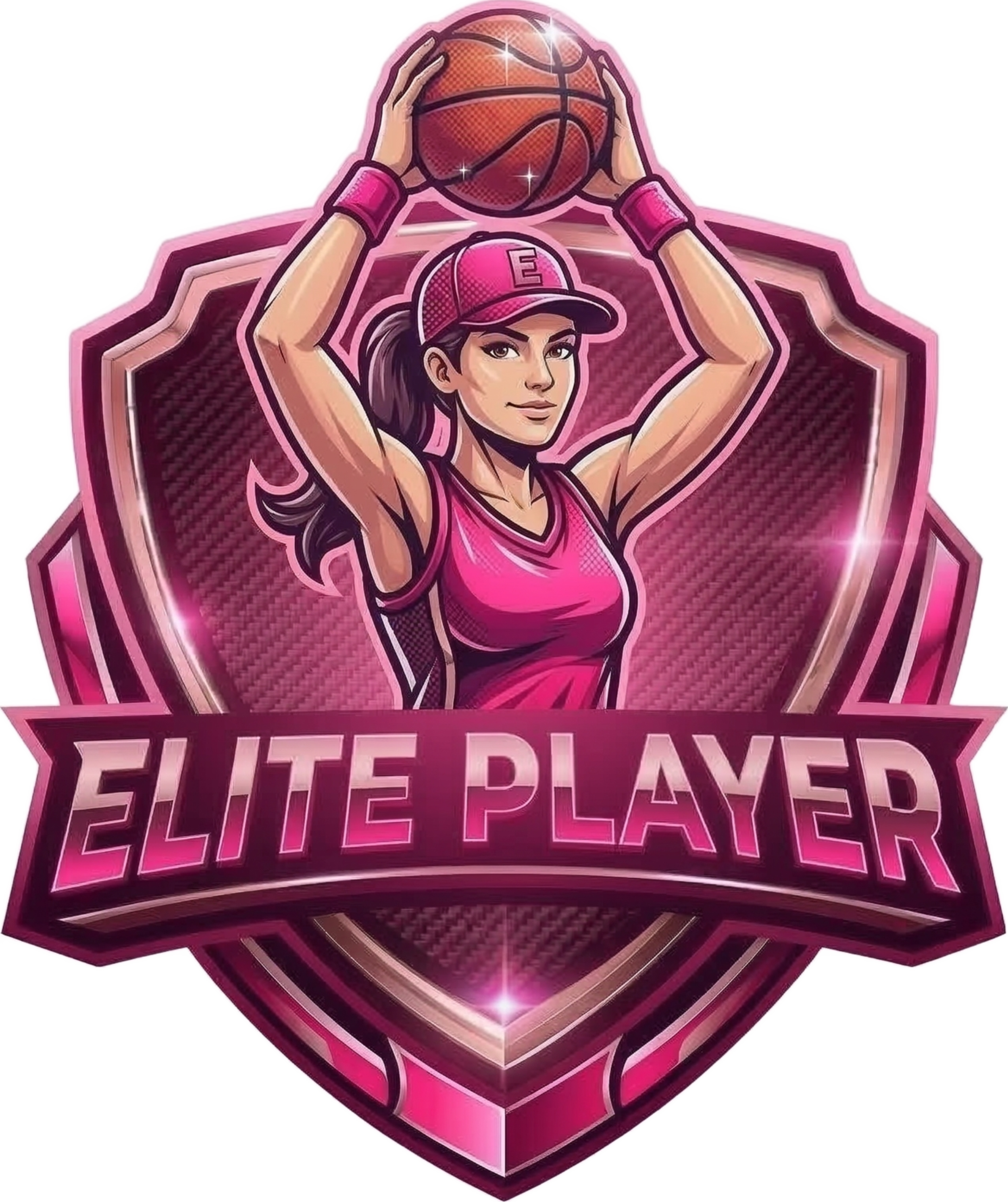 Female basketball player logo, Elite Player metallic shield, hot pink and silver neon branding.