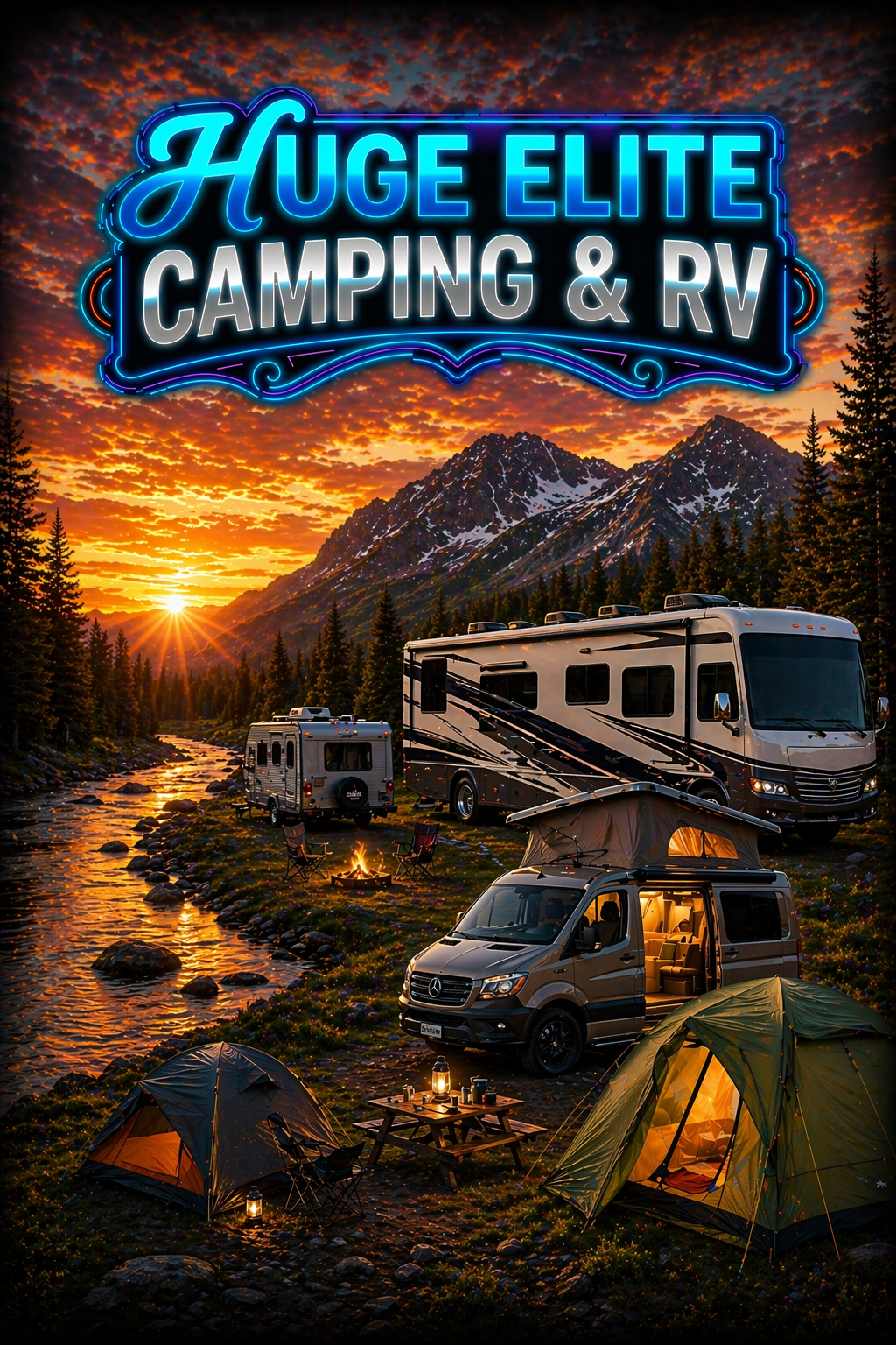 HUGE ELITE CAMPING & RV // MOUNTAIN RIVER LANDSCAPE AT SUNSET, MOTORHOME, CAMPERVAN, AND TENTS WITH CAMPFIRE.