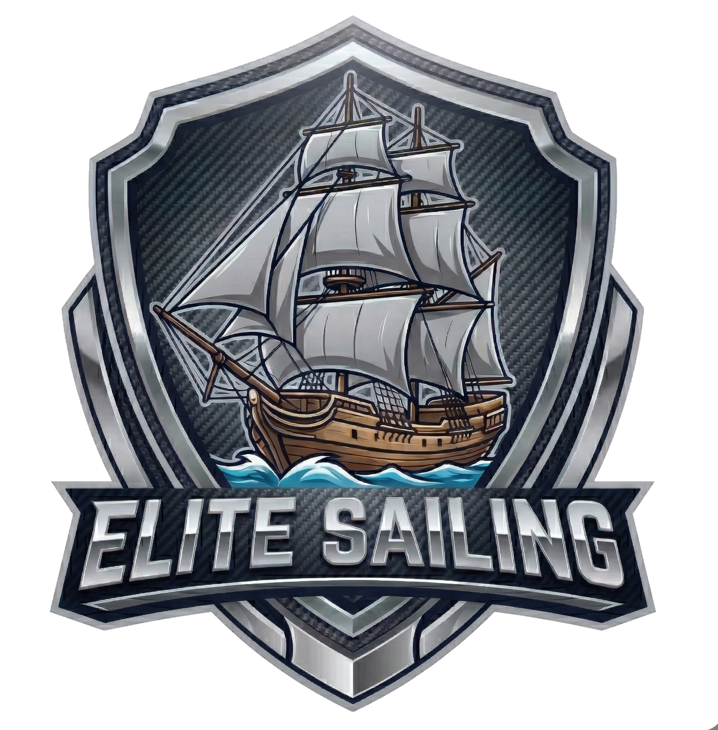 HUGE ELITE ELITE SAILING logo, metallic silver shield, vintage sailing ship on ocean waves, bold metallic ELITE SAILING text, nautical anchor accents, sharp high-contrast edges, professional embroidery style graphic, solid black background.