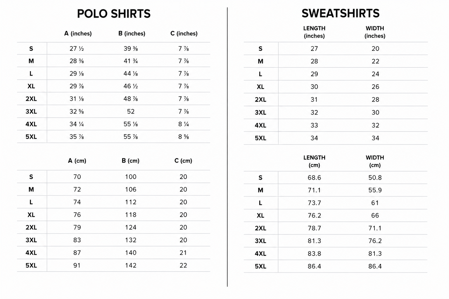 Size chart comparing polo shirts and sweatshirts in various sizes with measurements in inches and centimeters.