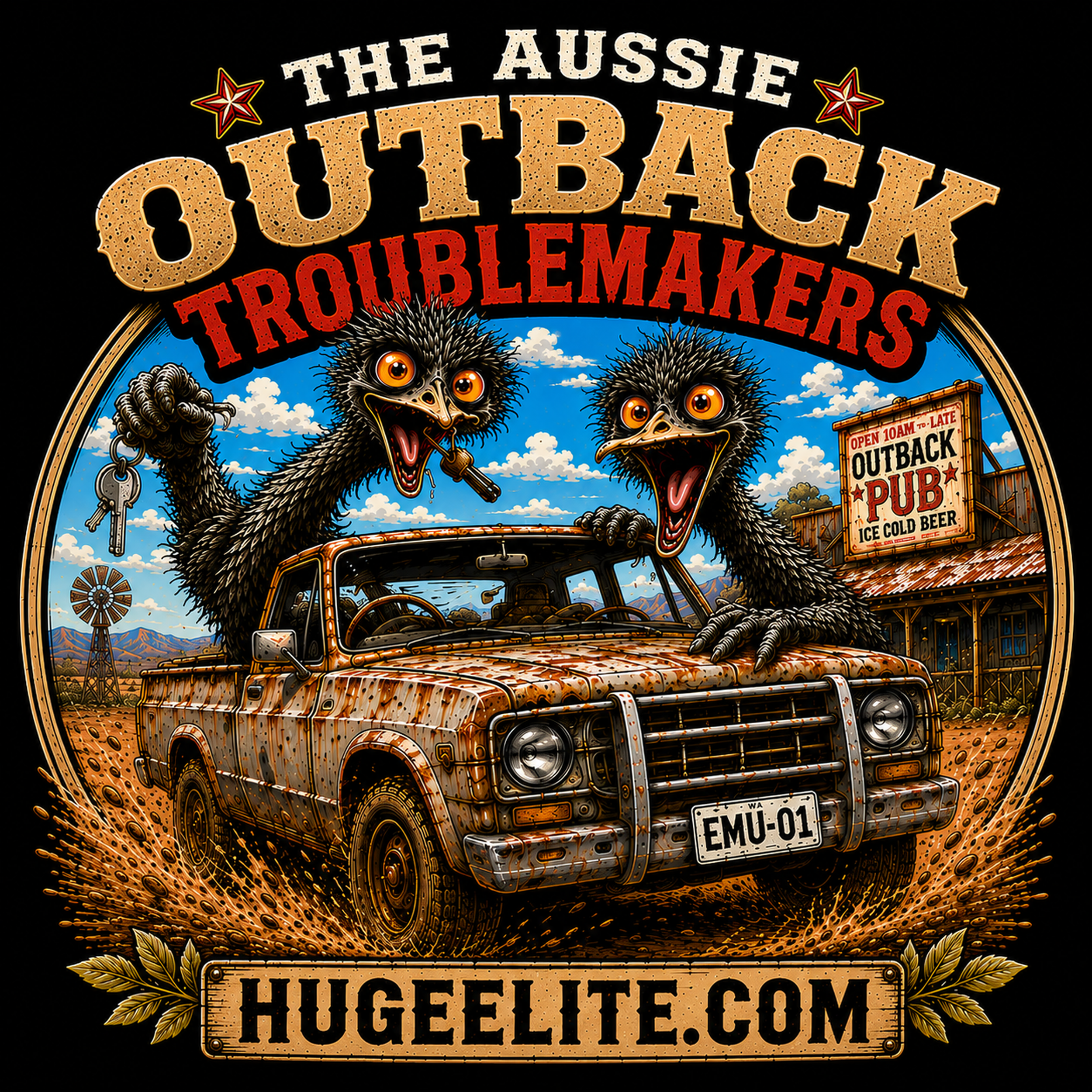 Aussie Outback Troublemakers logo, two emus in a rusty 4WD, Outback Pub background, vintage illustration style, Huge Elite apparel branding, emu characters with car keys, mud-splattered off-road scene.