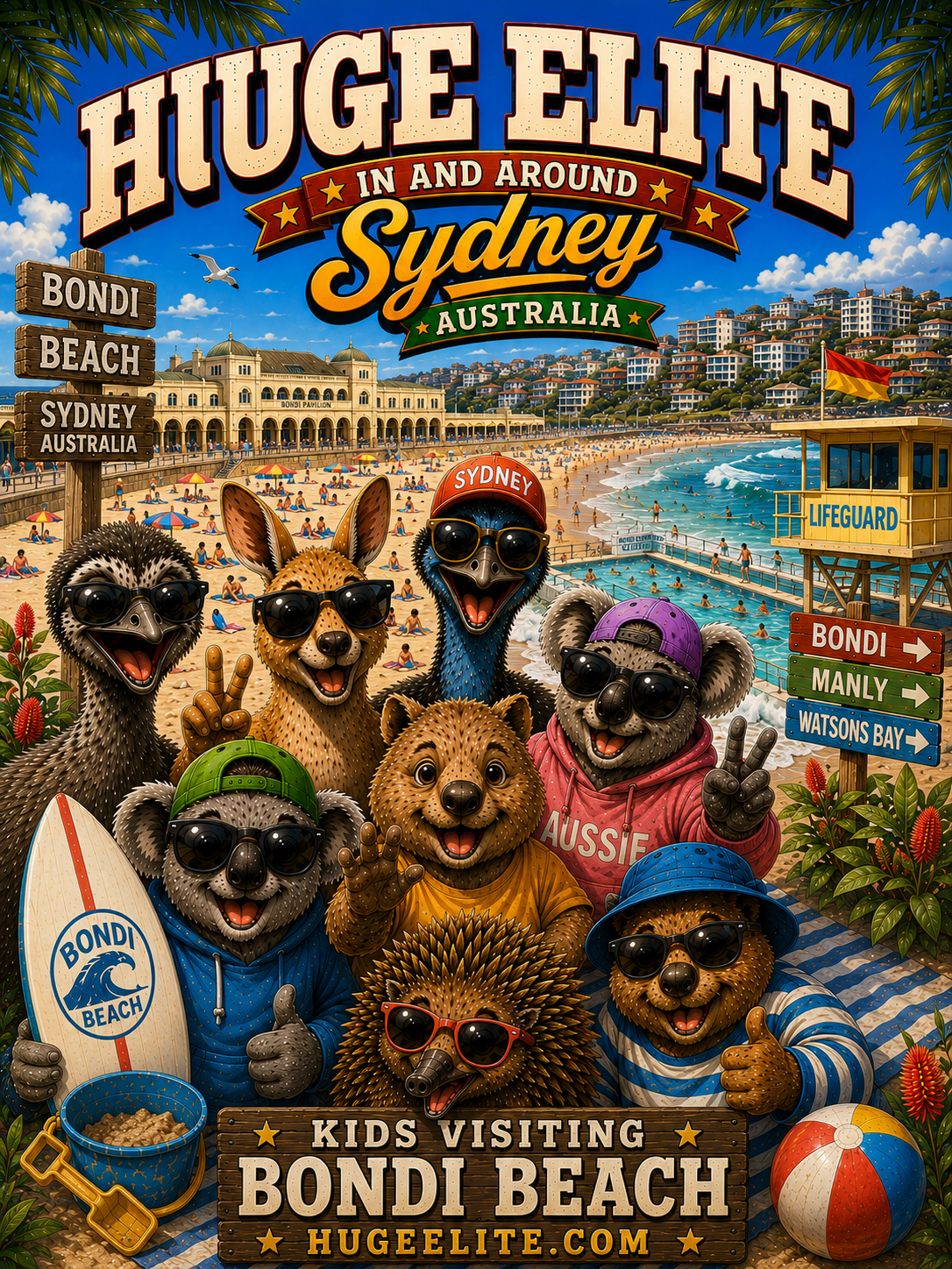 Huge Elite Sydney Bondi Beach logo, cool Australian animals in sunglasses at the beach, kangaroo koala and emu with surfboard, iconic Bondi Pavilion background, kids outback squad summer design.