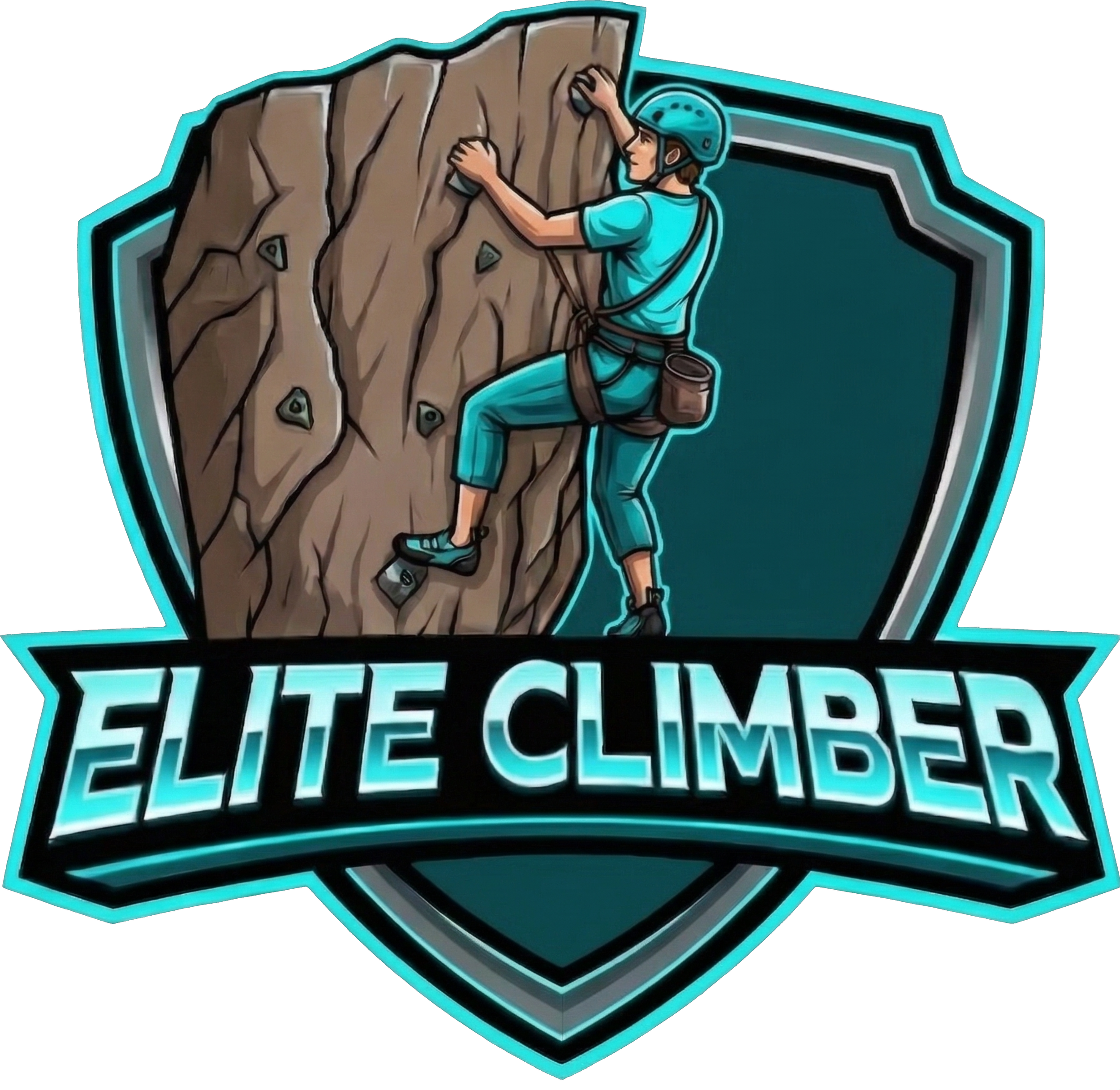 ELITE CLIMBER // METALLIC SHIELD LOGO, CYAN AND SILVER NEON ACCENTS, MALE ROCK CLIMBER ICON, SOLID BLACK BACKGROUND.