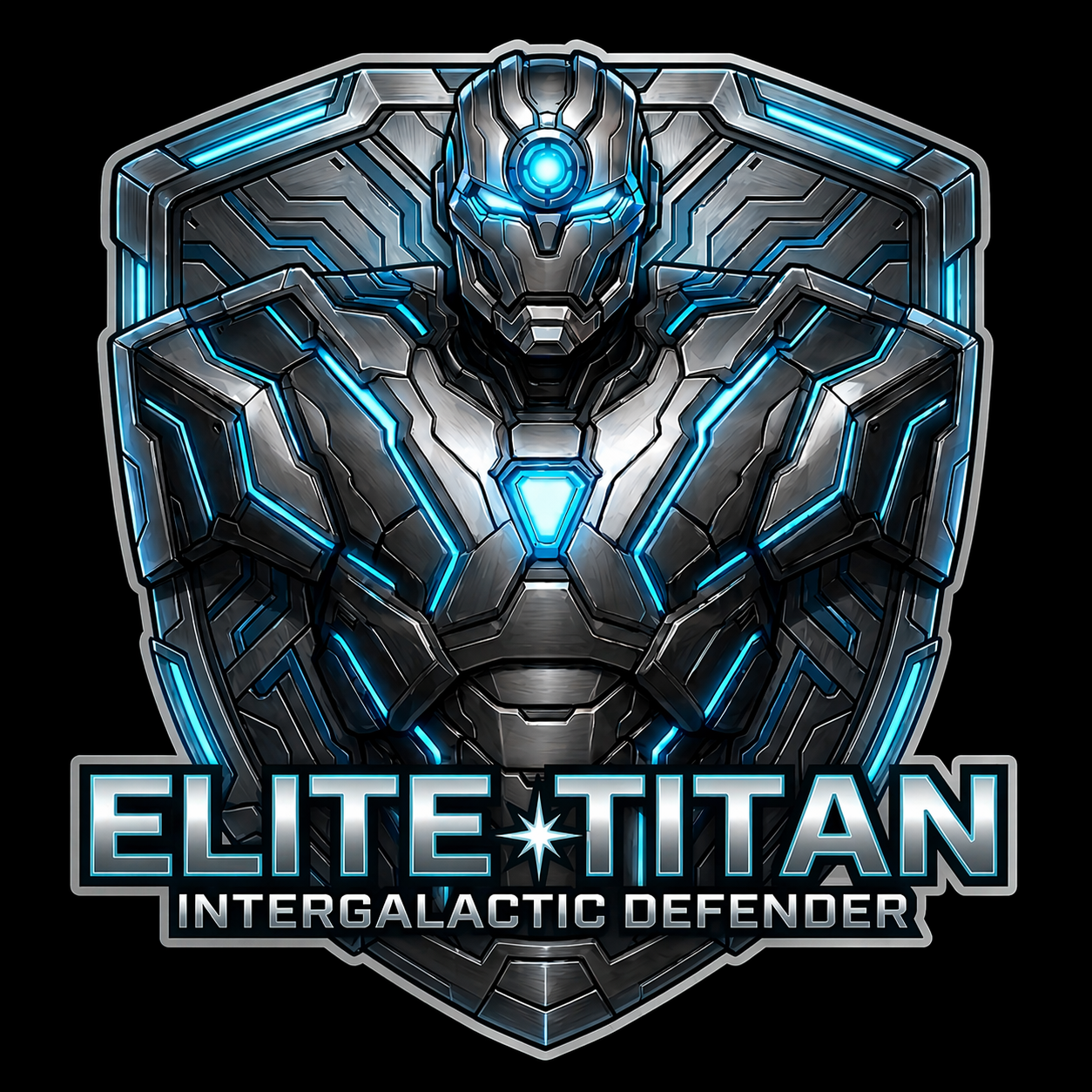 Elite Titan Intergalactic Defender logo, metallic silver robotic warrior bust, glowing cyan blue energy circuits, industrial armored shield, futuristic mechanical branding, high-contrast silver finish