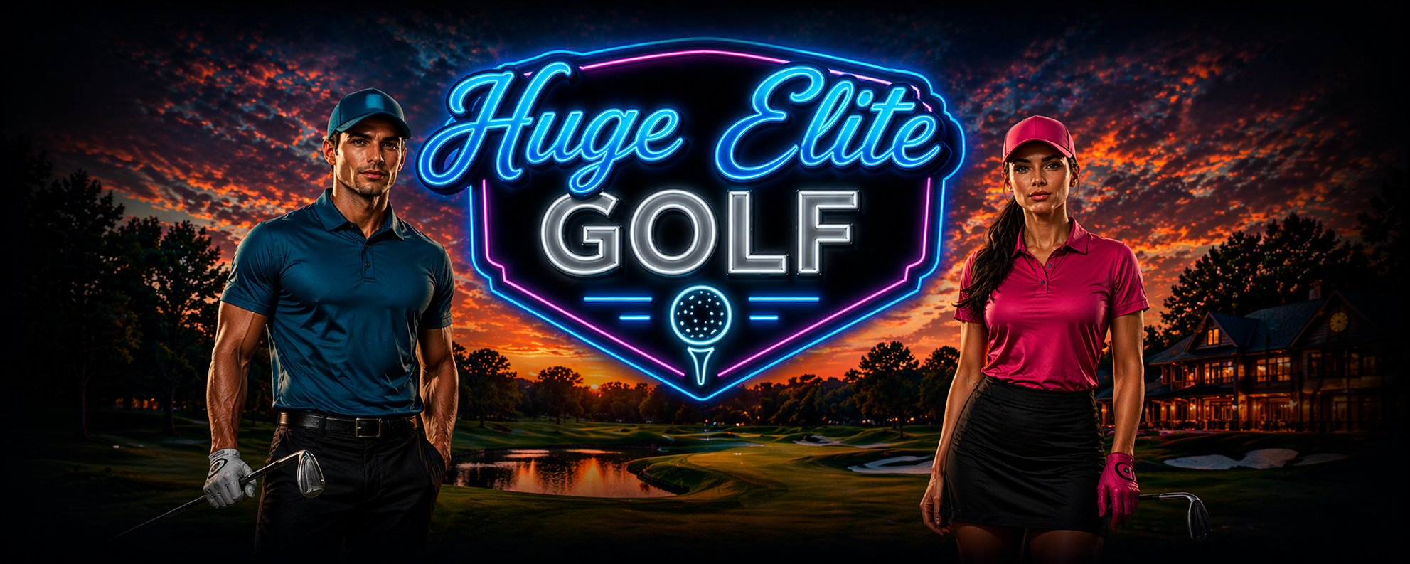 Huge Elite , Two golfers in branded apparel standing on a golf course at sunset with a neon ‘Huge Elite Golf’ sign above.