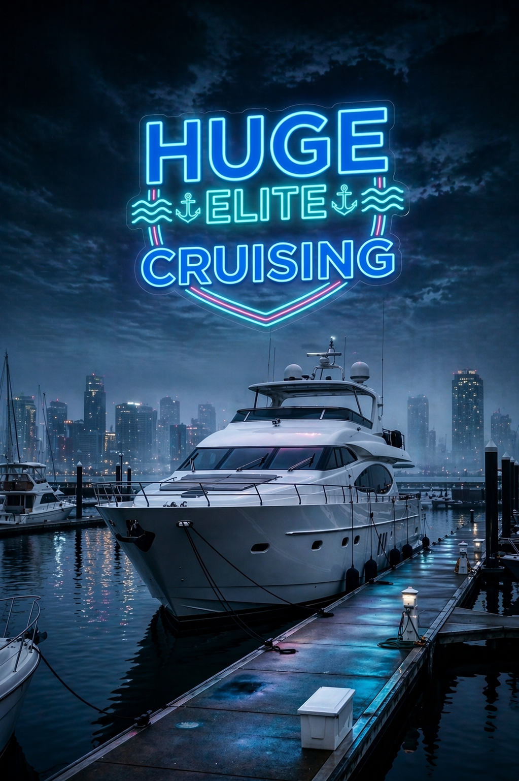 Elite Cruising collection, Huge Elite yachting apparel, modern motor yacht neon logo, blue and silver maritime logo, premium cruising t-shirt design, metallic shield, high-end powerboat fashion, dark background photography.