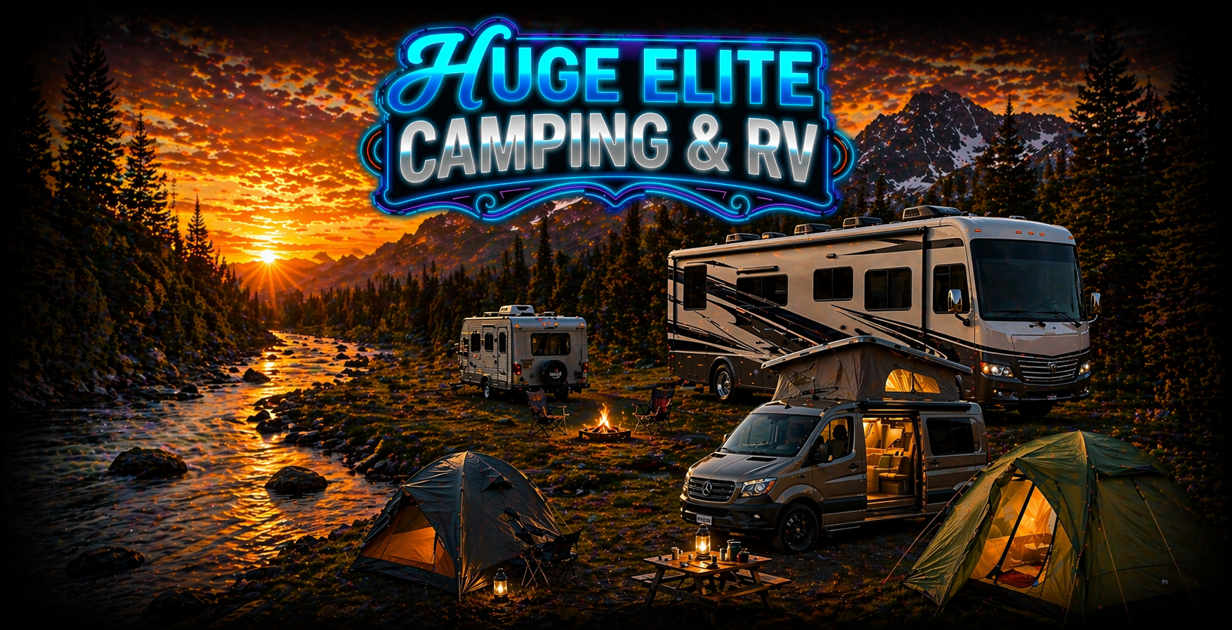 HUGE ELITE CAMPING & RV // MOUNTAIN RIVER LANDSCAPE AT SUNSET, MOTORHOME, CAMPERVAN, AND TENTS WITH CAMPFIRE.