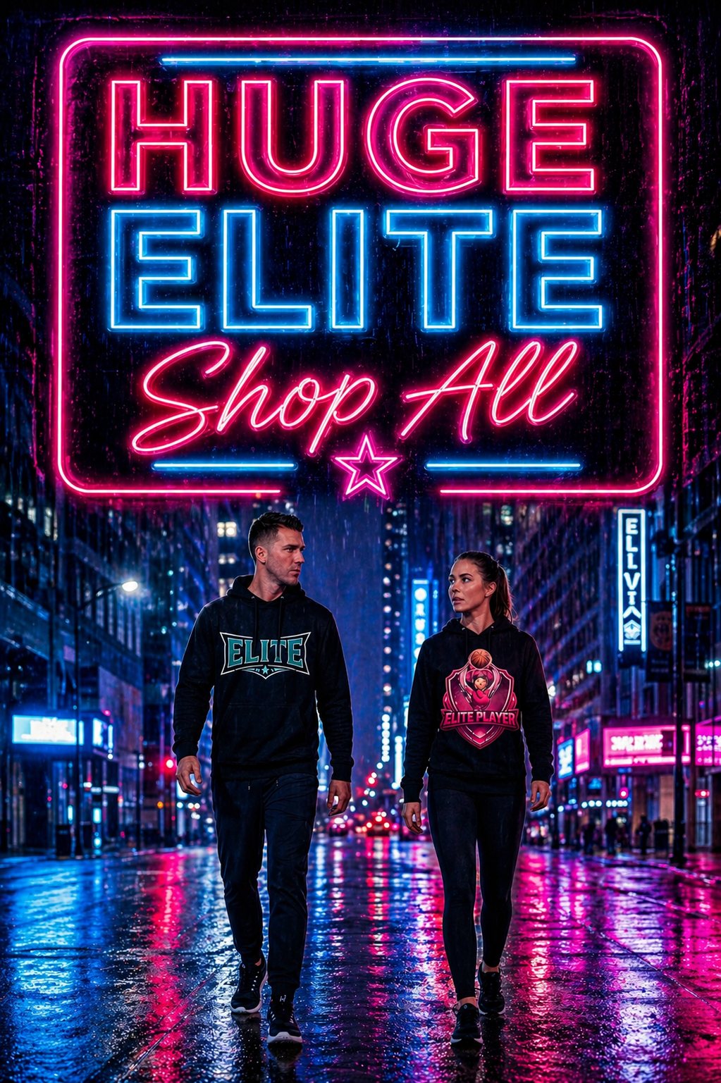 A neon-lit city street at night with rain-soaked pavement, featuring a large bright neon sign that reads 'HUGE ELITE Shop All' in pink and blue. Two people, a man and a woman, walk side by side wearing black hoodies with sports logos, amidst colorful illuminated buildings.