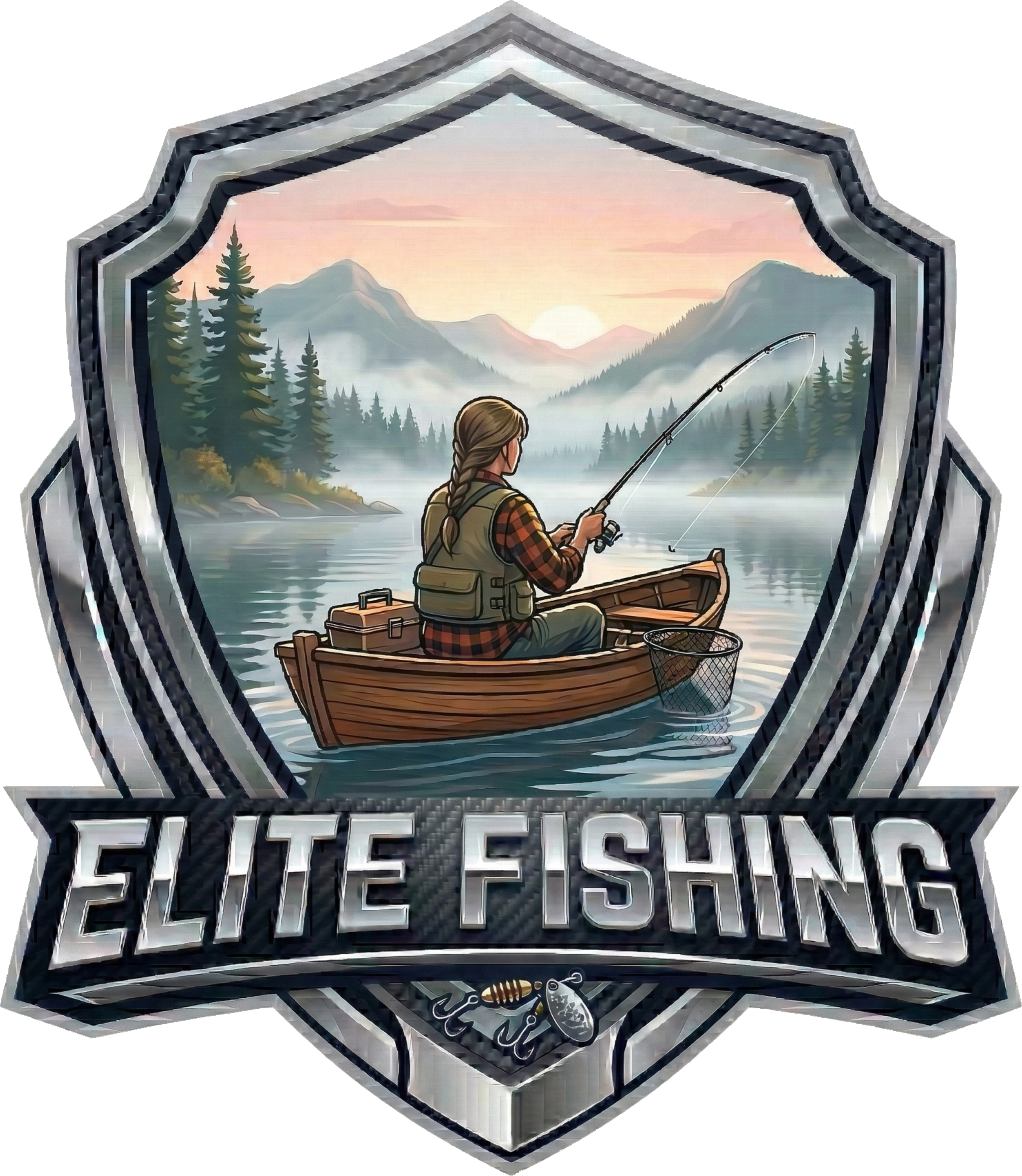 Illustration of a woman fishing from a boat on a lake with mountains, pine trees, and a sunrise in the background, framed by a metallic geometric border.