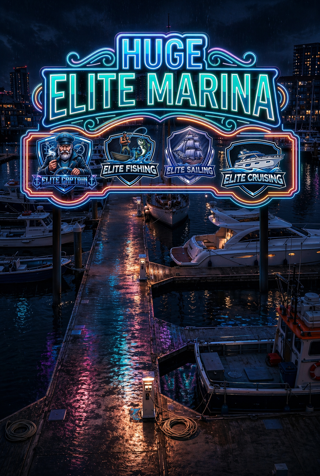 Neon sign at a marina depicts activities like elite fishing, sailing, cruising, and a captain with a mustache, hat, and cigar near boats docked at night.