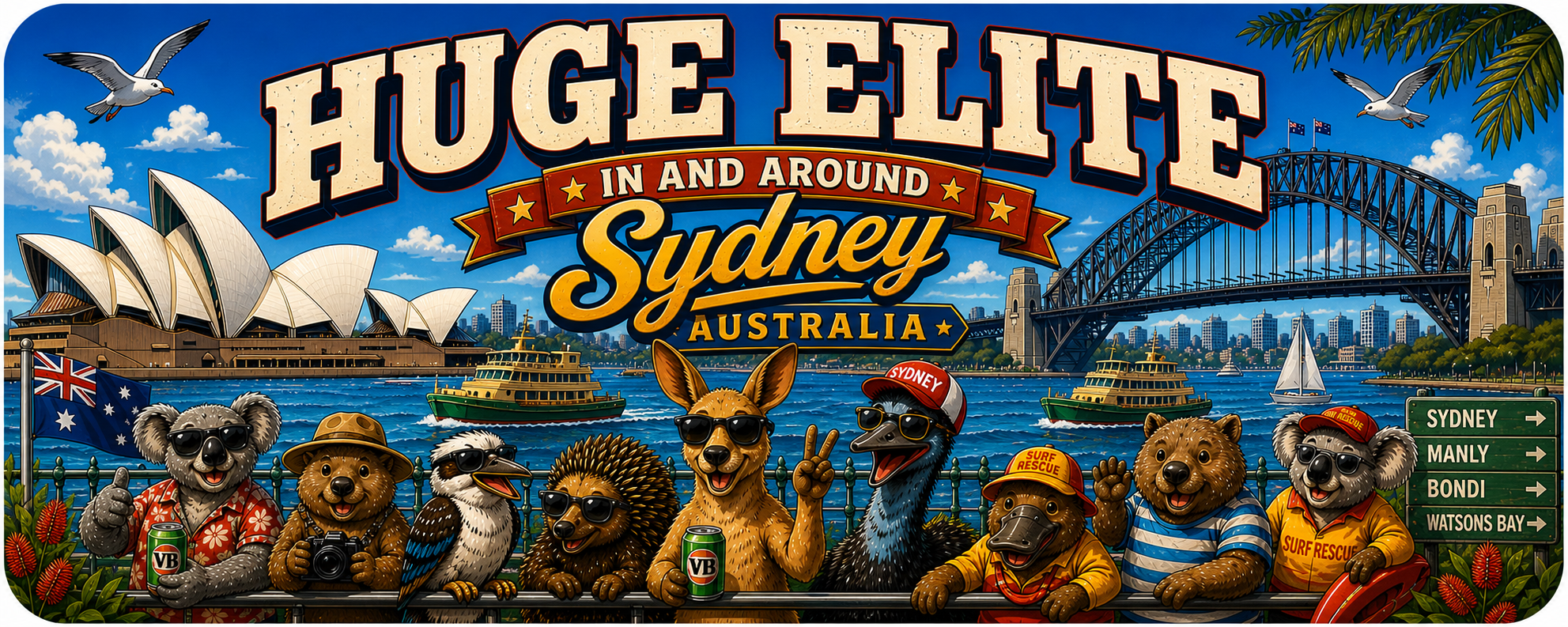 huge elite in and around sydney banner, comic aussie animals at circular quay, sydney opera house harbour bridge background, koala kangaroo emu wombat tourists, manly ferry and bondi beach sign, premium industrial lifestyle branding,